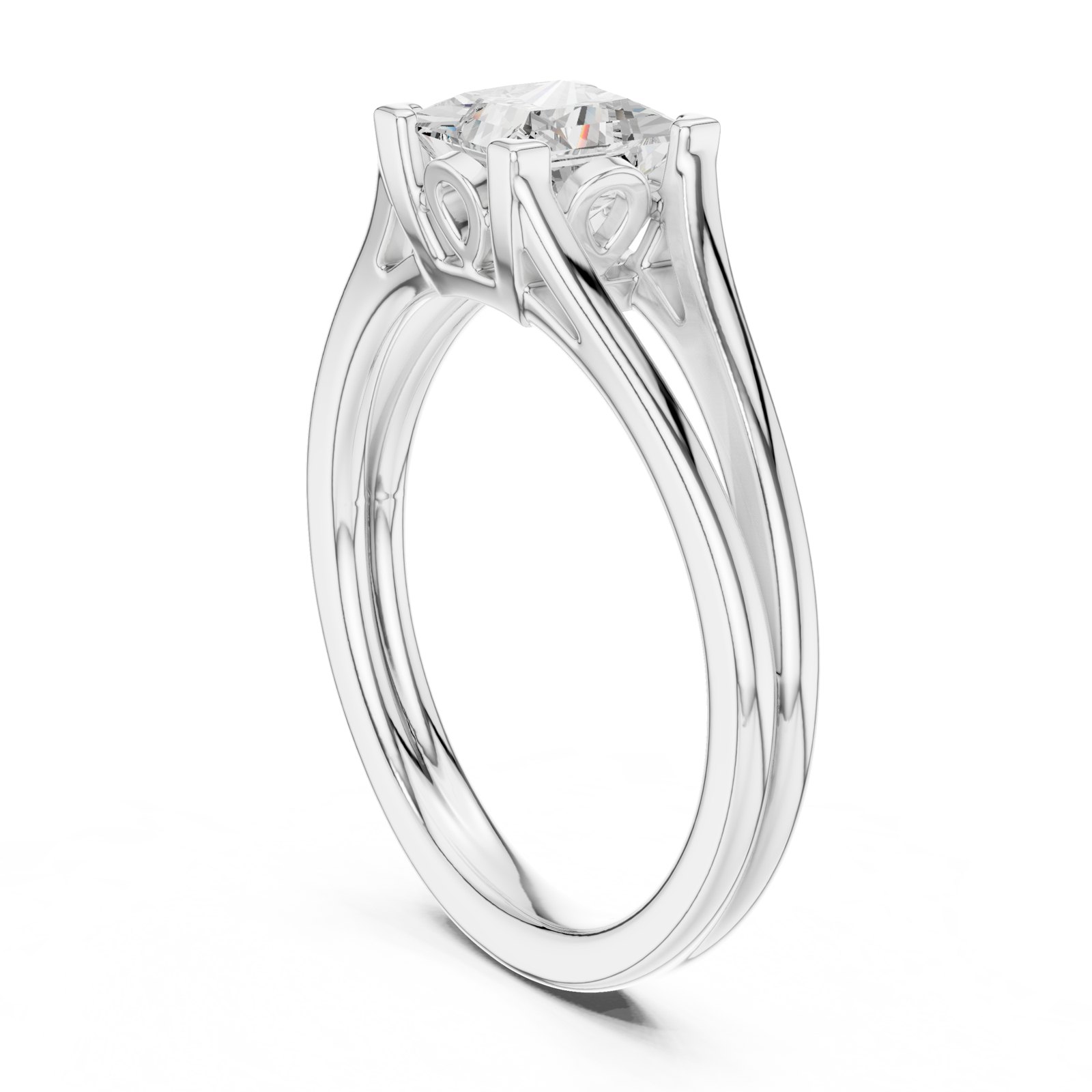 Tyra Princess Cut Split Shank Solitaire with Scroll Detail in white gold