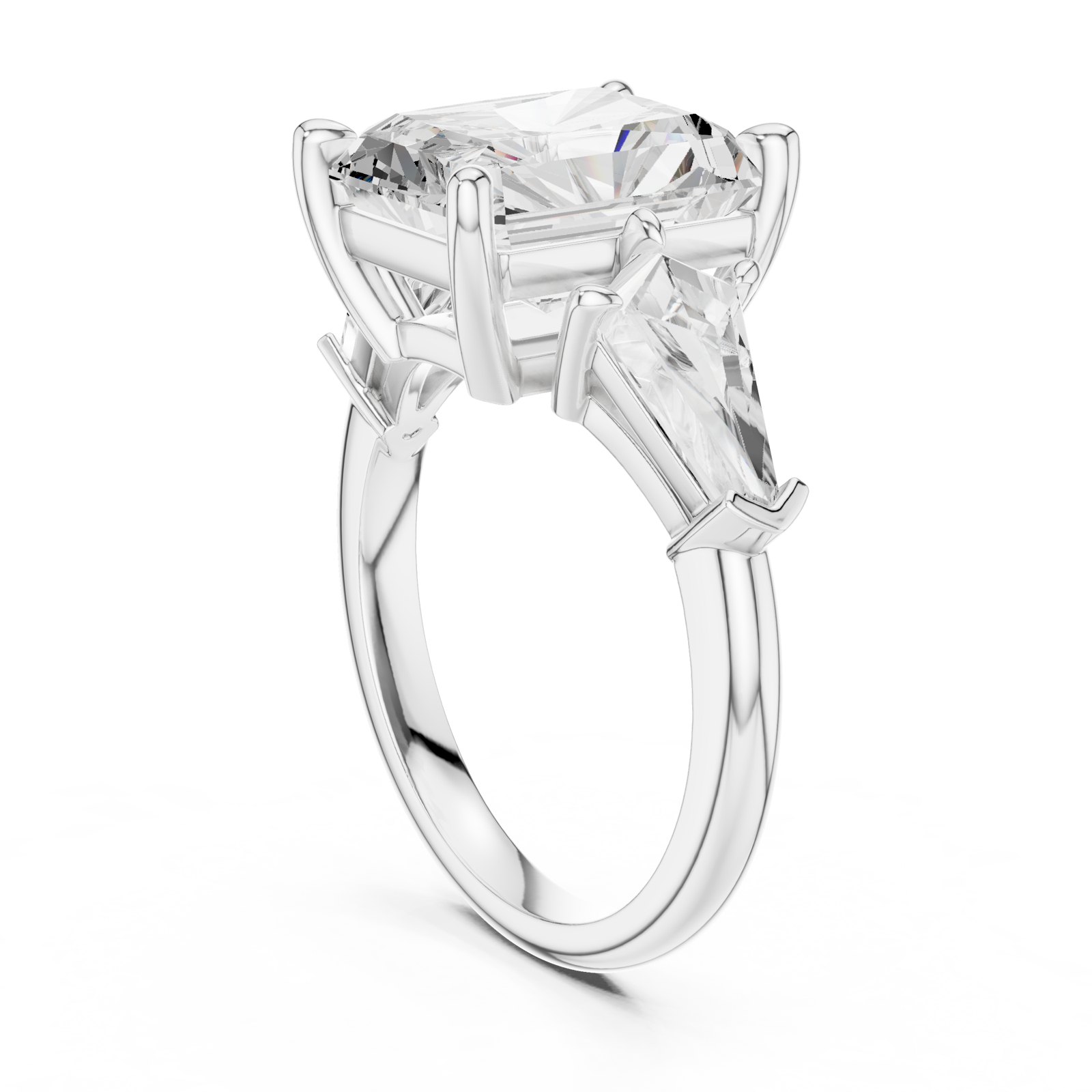 Riley Radiant Cut Three Stone Engagement Ring with Kite Sides in white gold