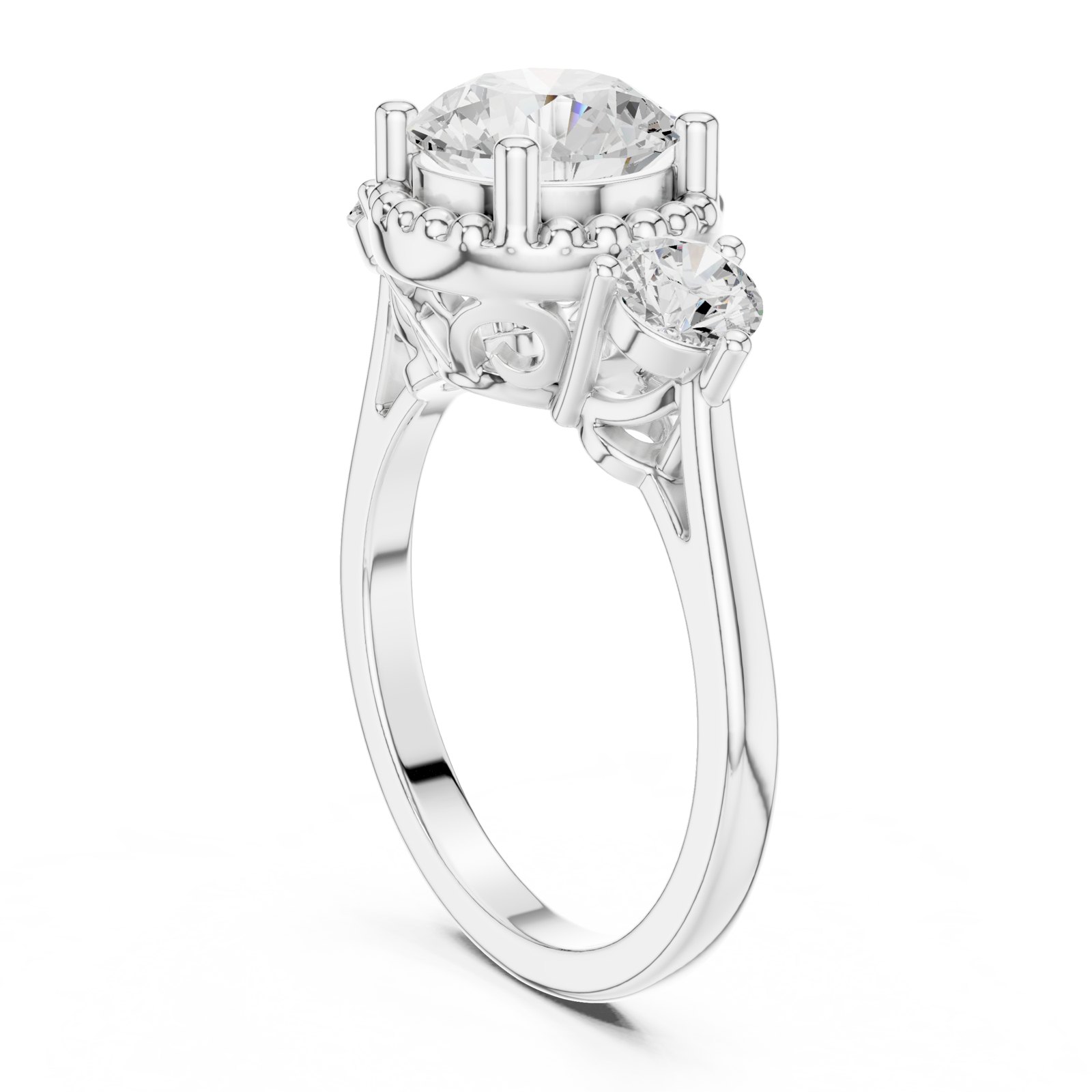 Eugenia Round Three Stone Engagement Ring with Scroll Gallery in white gold