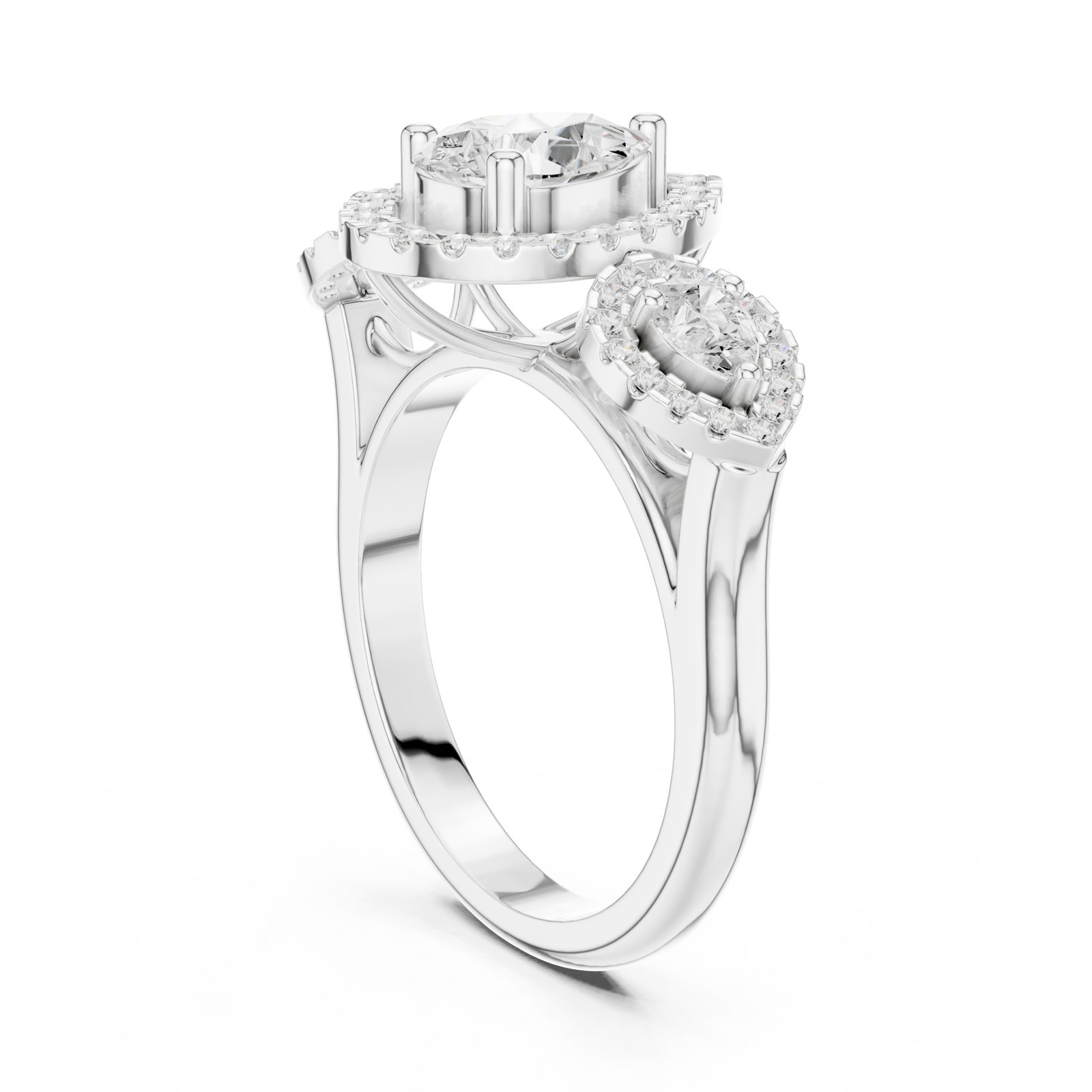 Heli Pear Halo Three Stone Engagement Ring with Cathedral Band in white gold