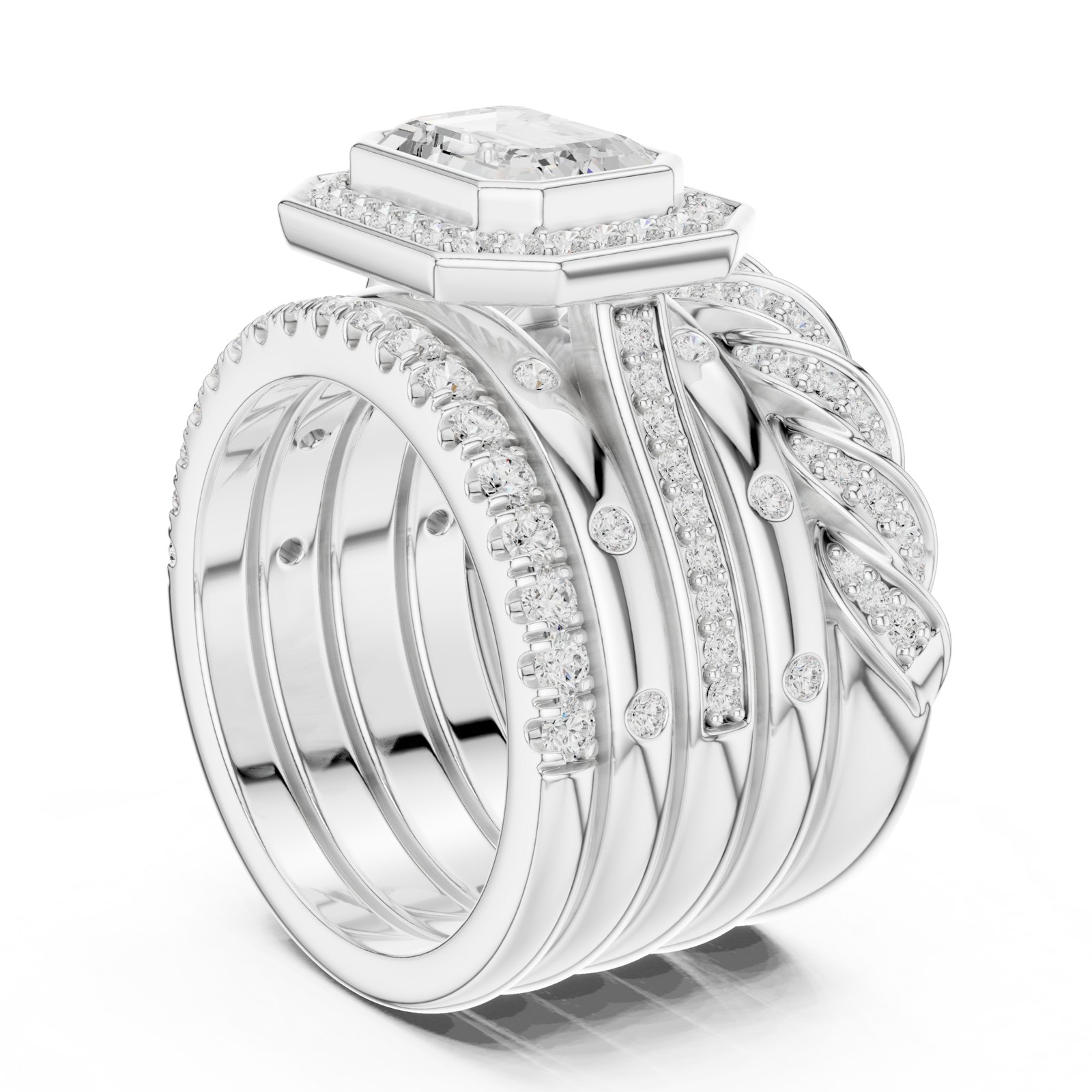 Carlotta Emerald Cut Halo Stacked Band Cocktail Ring in white gold