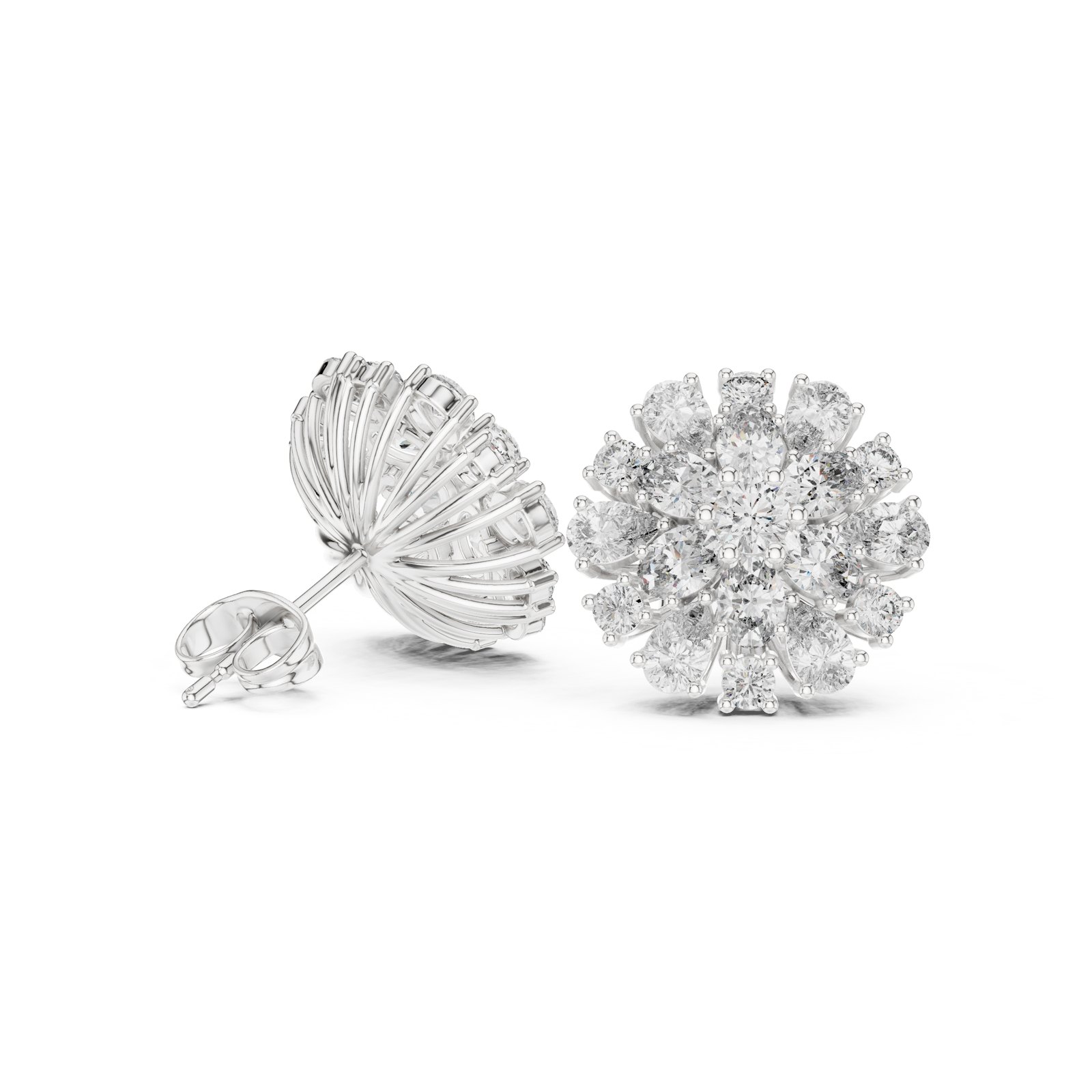 Calissa Domed Pear and Oval Cluster Stud Earrings in white gold