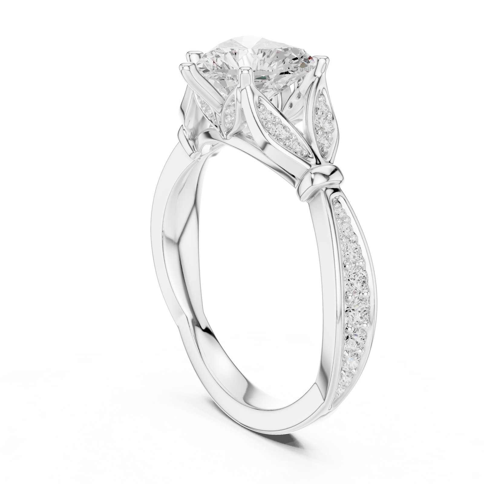 Genevieve Radiant Leaf Vine Twisted Pavé Engagement Ring in white gold