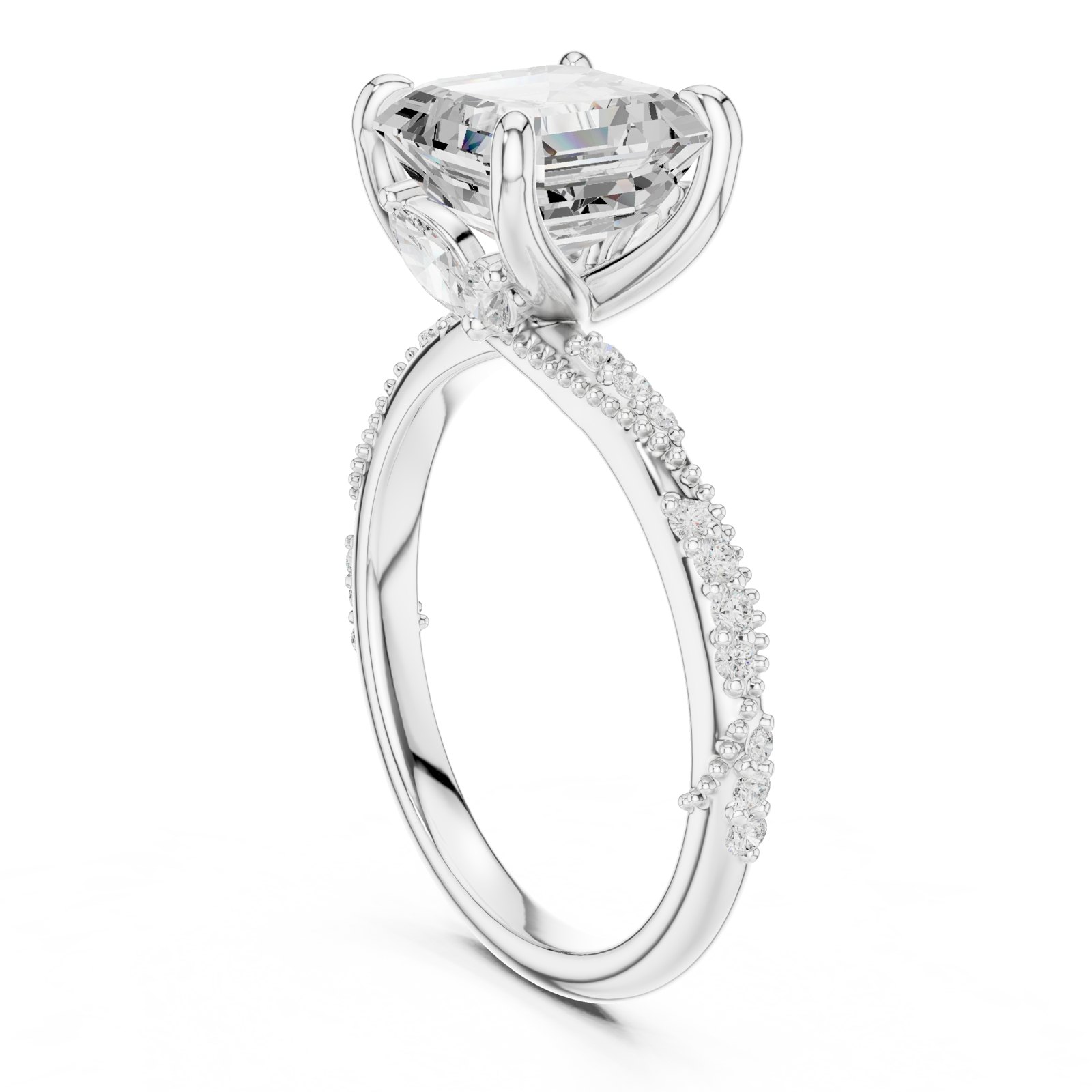 Carmina Emerald Cut Twisted Milgrain Pavé Engagement Ring in white gold