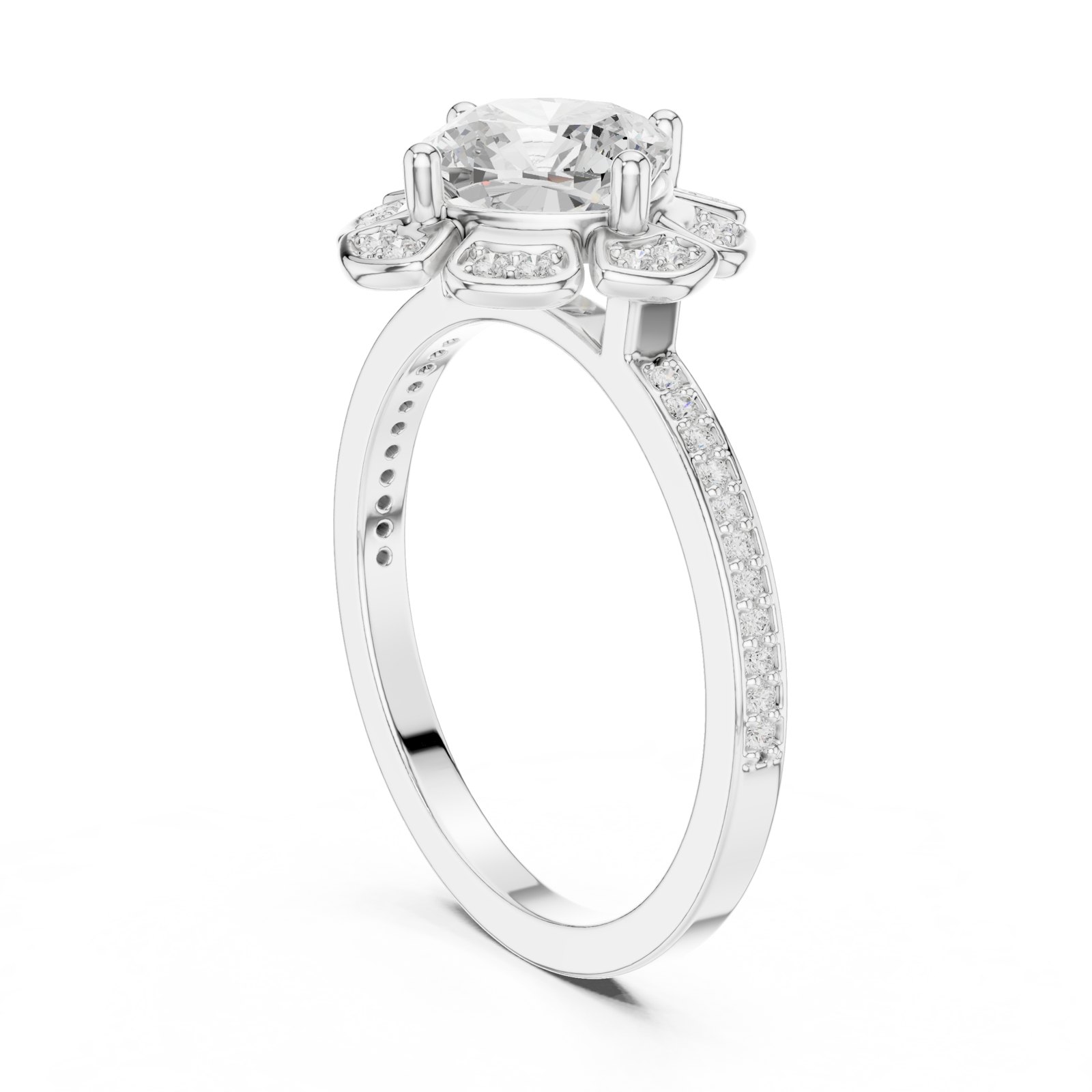 Eduarda Round Blossom Halo Engagement Ring with Pavé Band in white gold
