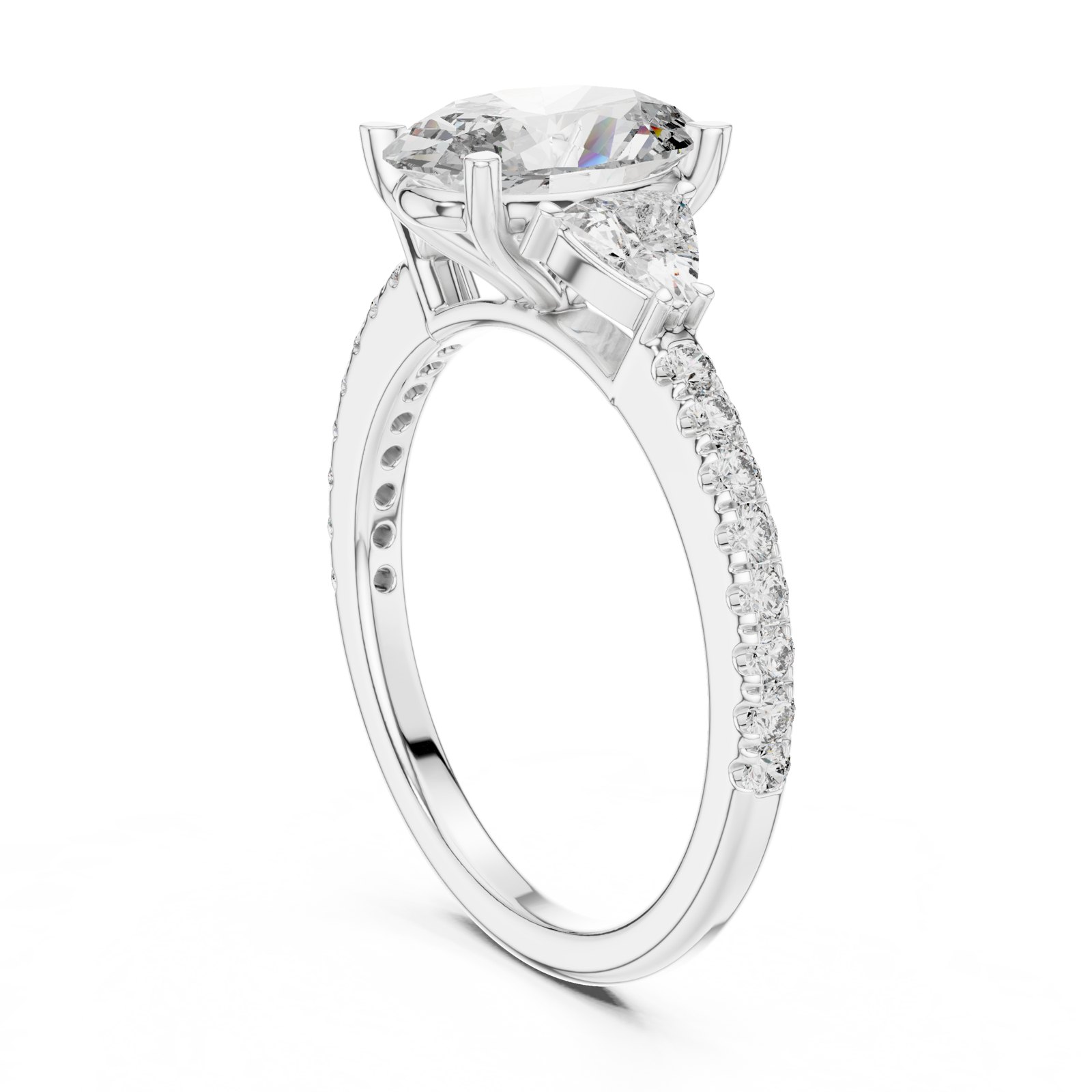 Nica Oval Three Stone Ring with Trillion Sides and Pavé in white gold