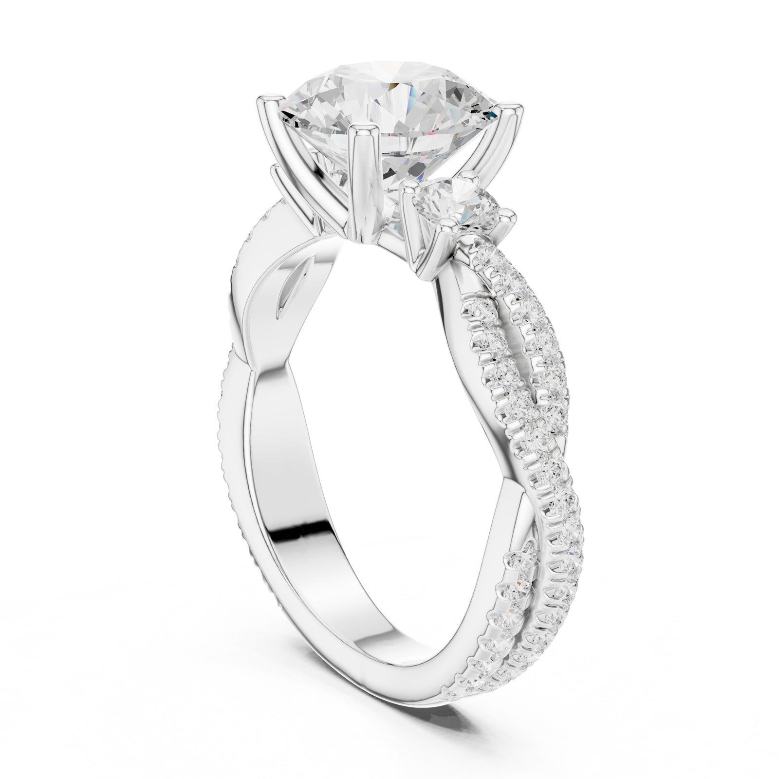 Araceli Round Three Stone Engagement Ring with Twisted Pavé Shank in white gold