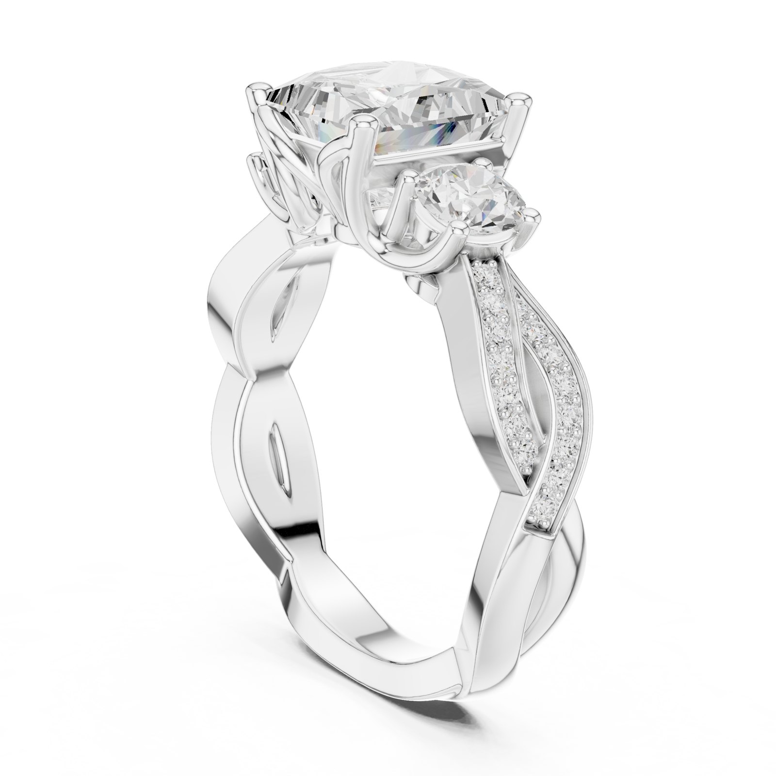 Grethe Princess Three Stone Engagement Ring with Twisted Pavé Band in white gold