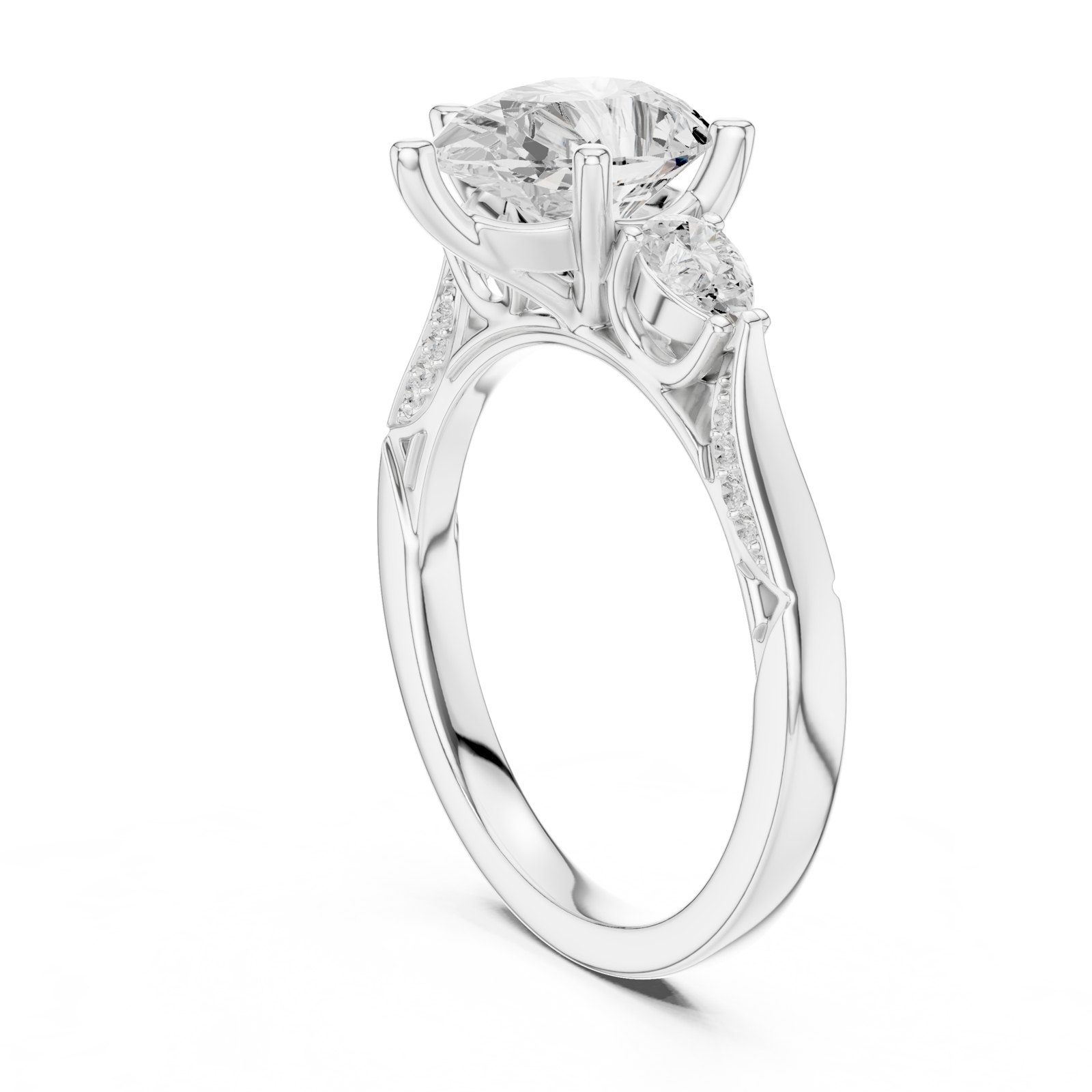 Rose Pear Three Stone Engagement Ring with Pavé Band in white gold