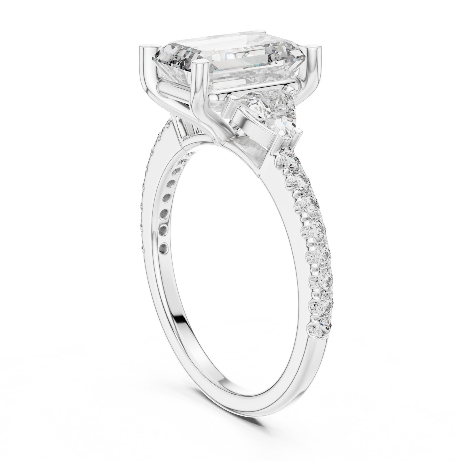 Nicola Emerald Cut Three Stone Ring with Trillion Sides in white gold