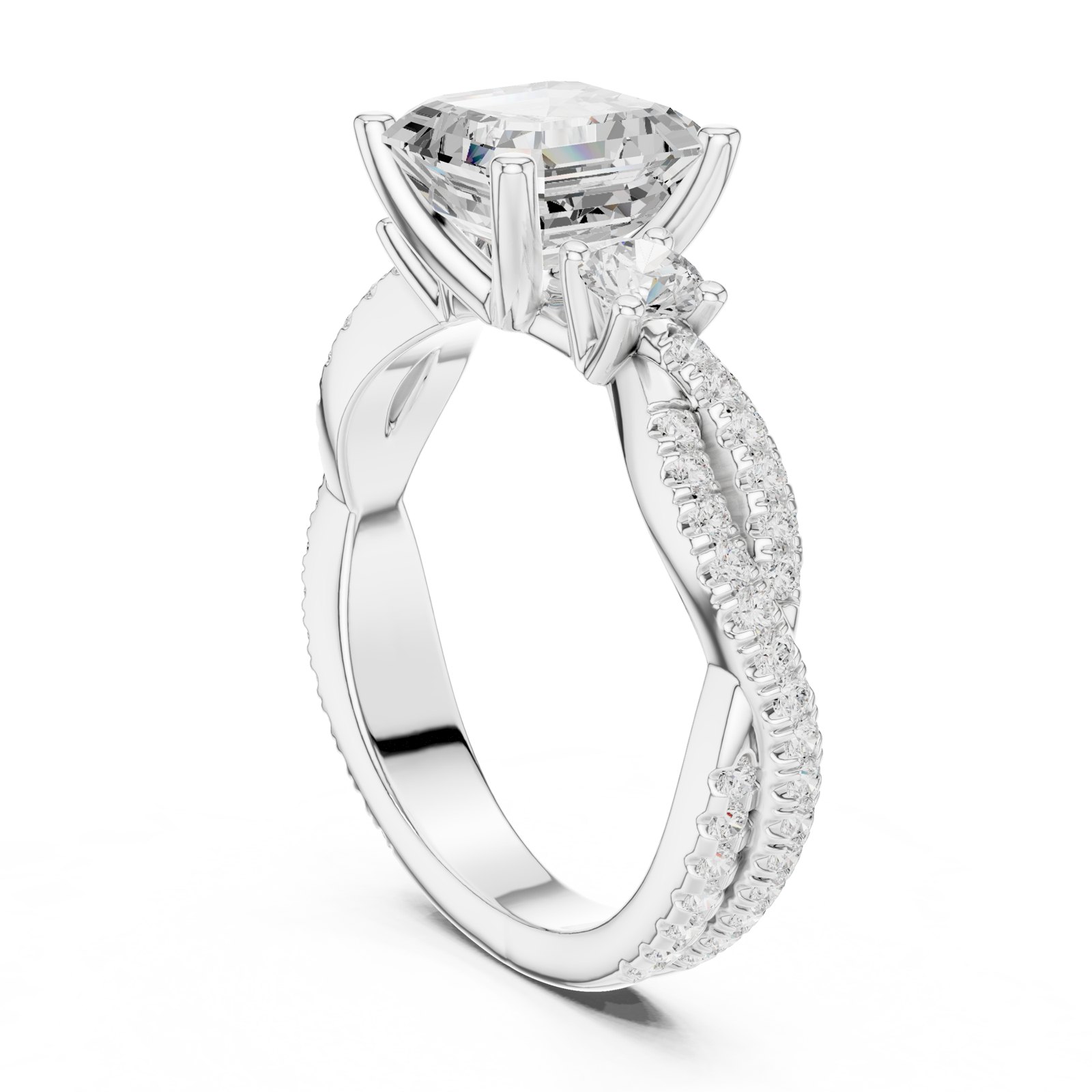 Gemma Square Emerald Cut Twist Pavé Three Stone Engagement Ring in white gold