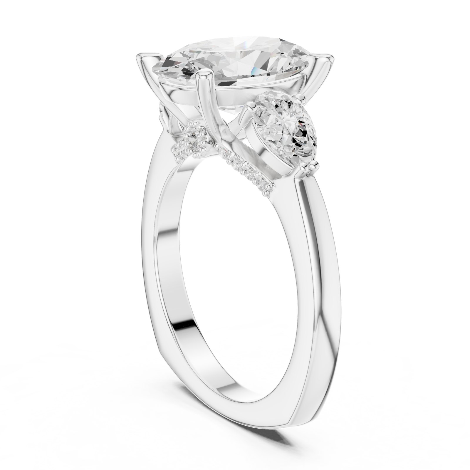 Nora Oval Three Stone Engagement Ring with Pear Sides in white gold