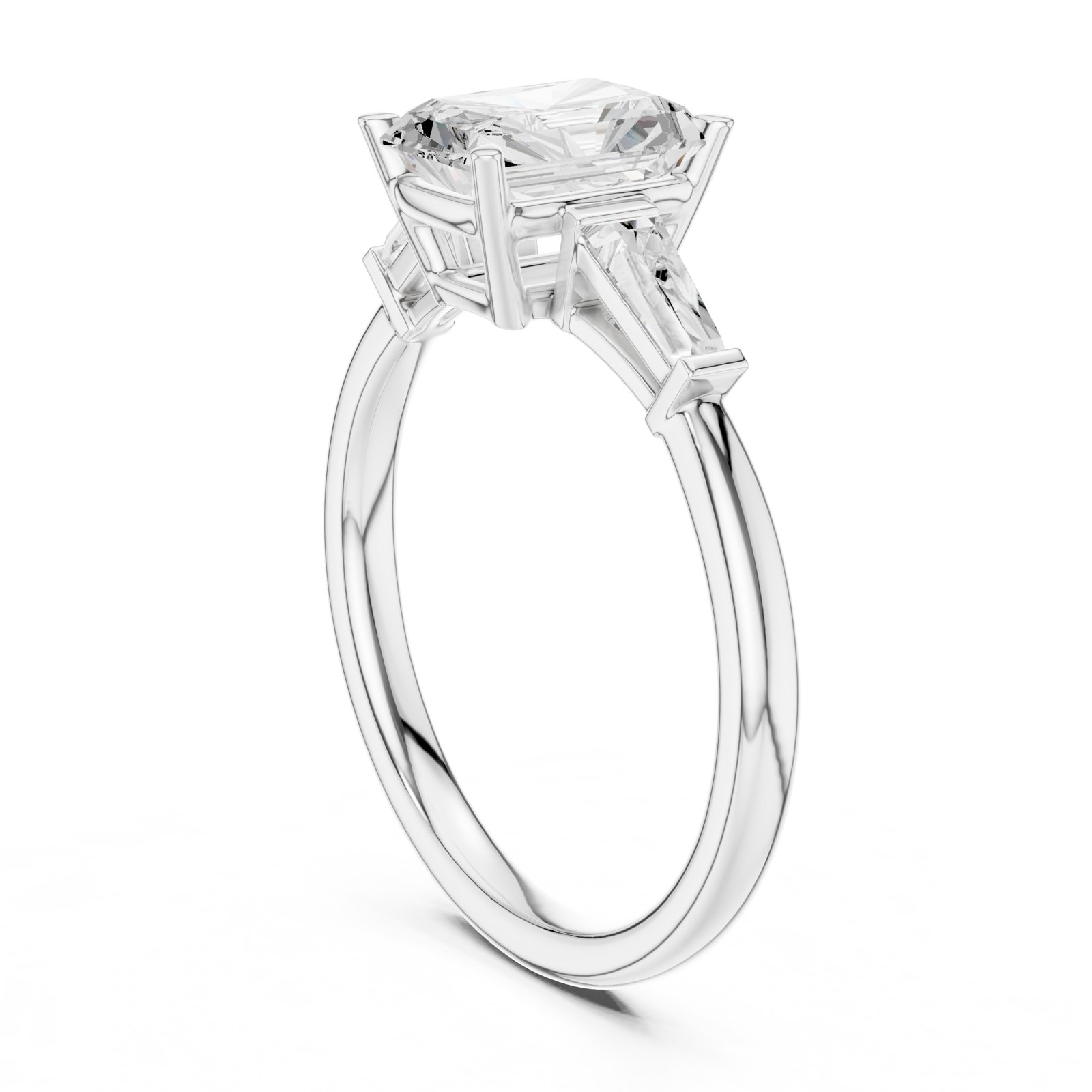 Rosie Radiant Three Stone Engagement Ring with Baguettes in white gold