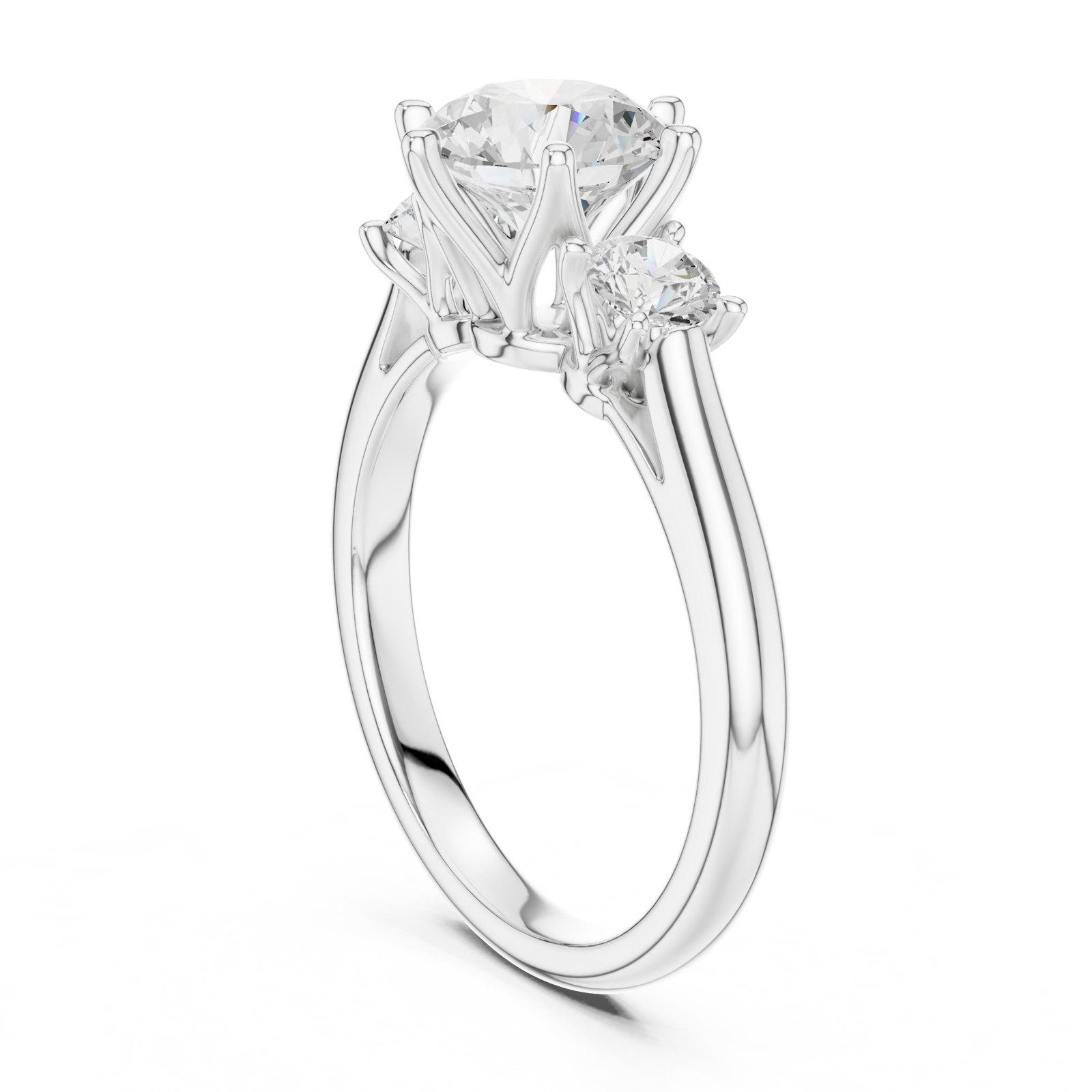 Lunaria Round Three Stone Engagement Ring with Cathedral Setting in white gold
