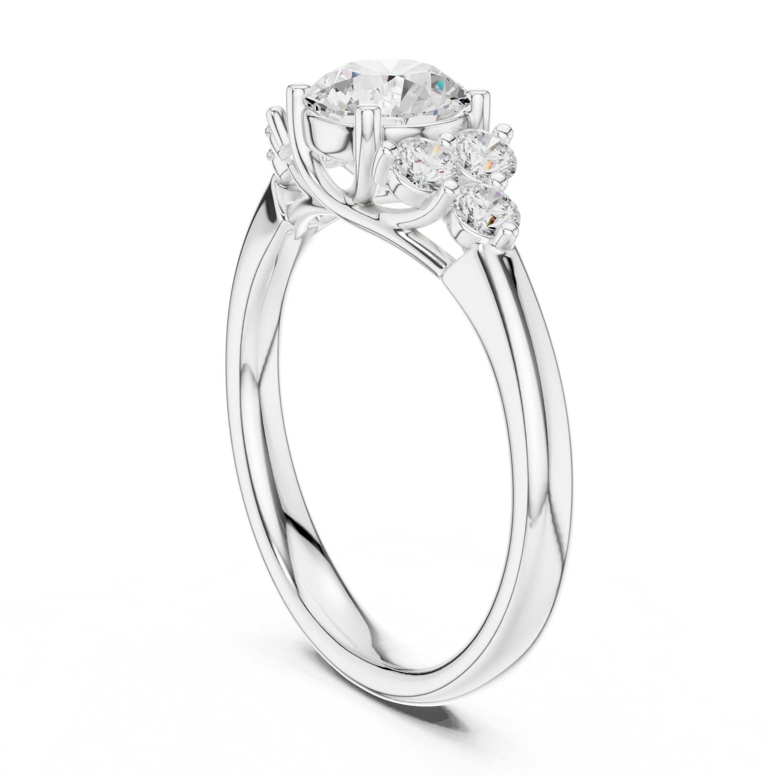 Hulda Round Engagement Ring with Scattered Diamond Cluster Sides in white gold