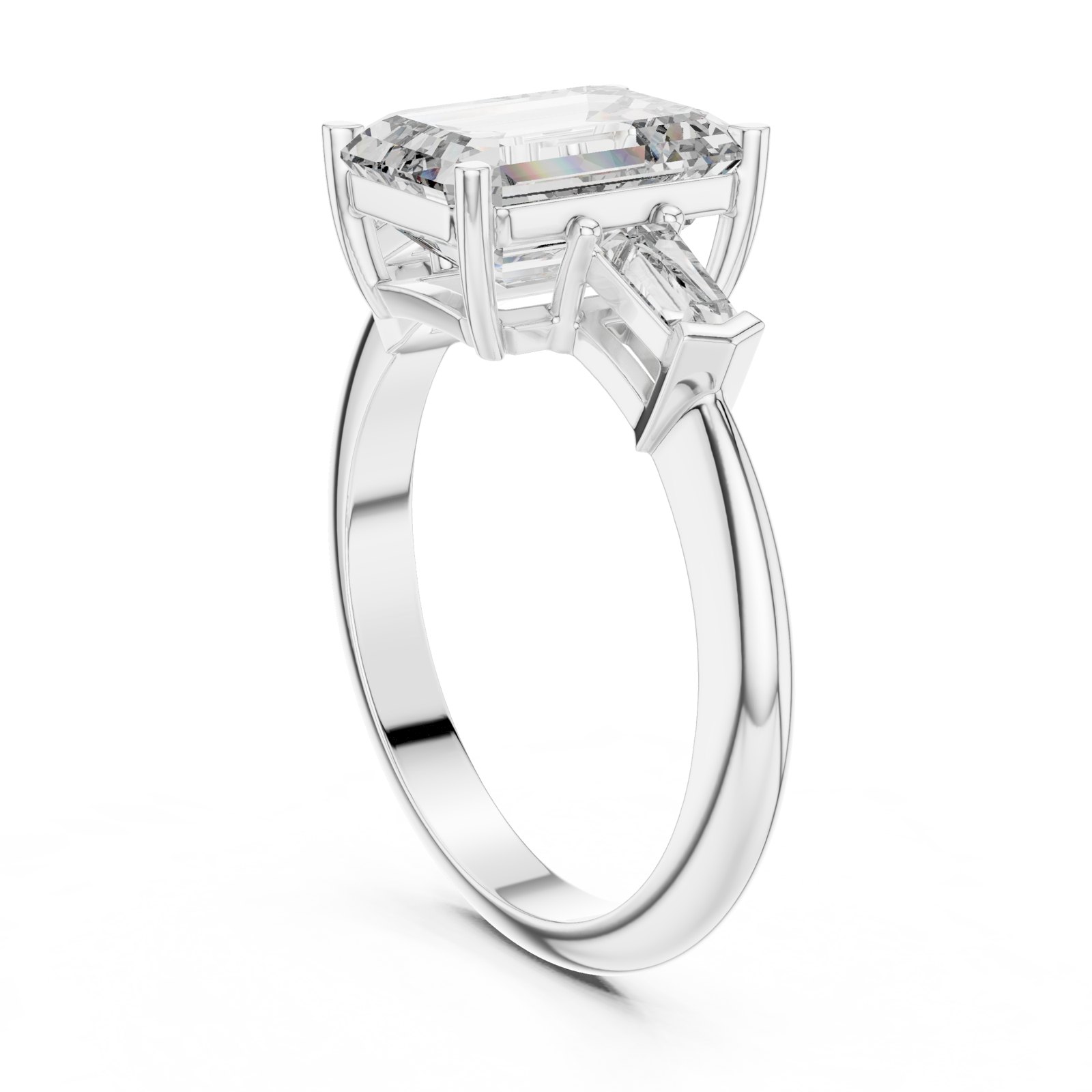 Noa Emerald Cut Three Stone Ring with Tapered Baguettes in white gold