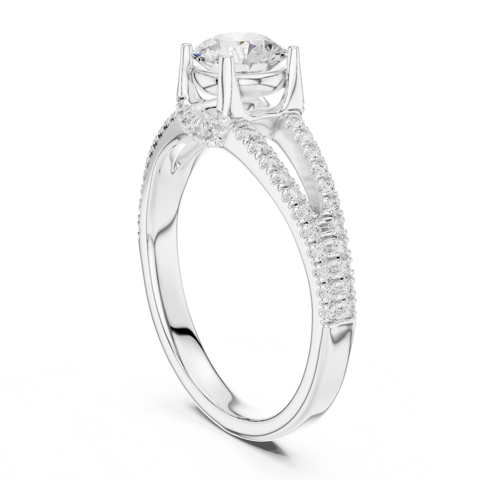 Faustina Split Shank Solitaire Engagement Ring with Pavé Gallery in white gold
