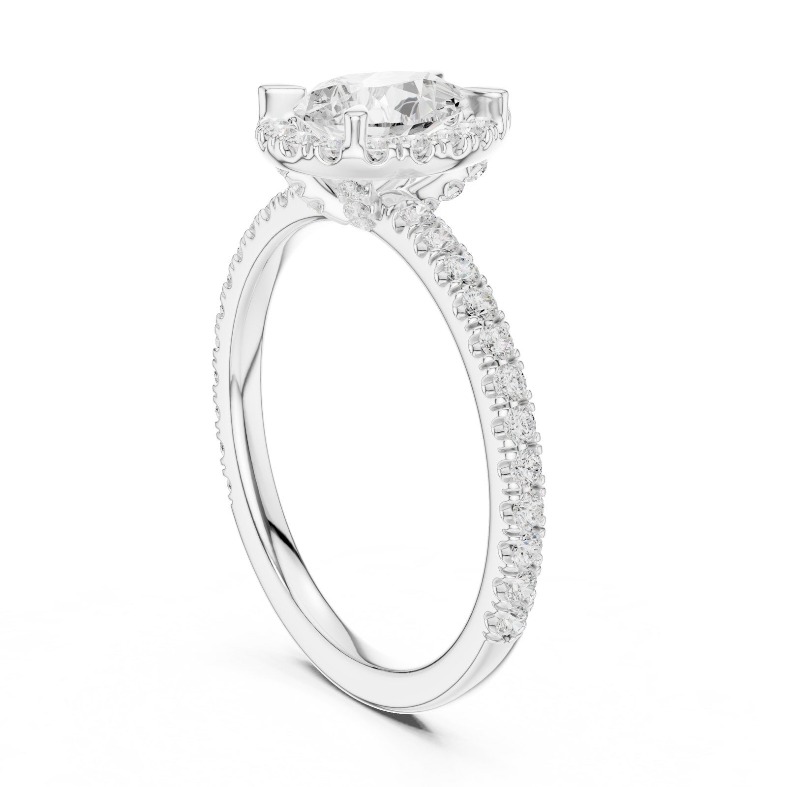 Lucie Pear Halo Engagement Ring with Thin Pavé Band in white gold