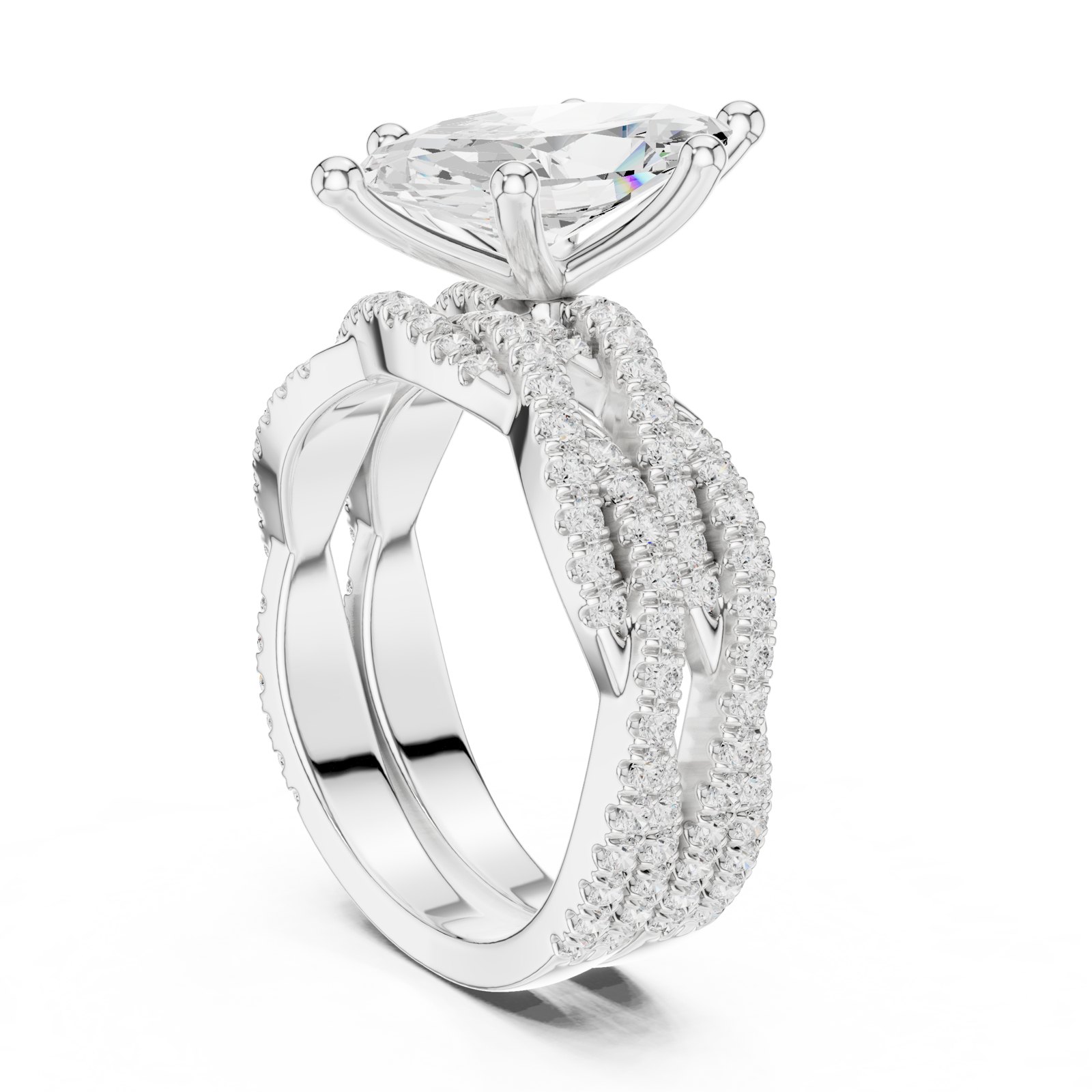 Leonie Marquise Engagement Ring with Wide Twisted Pavé Band in white gold