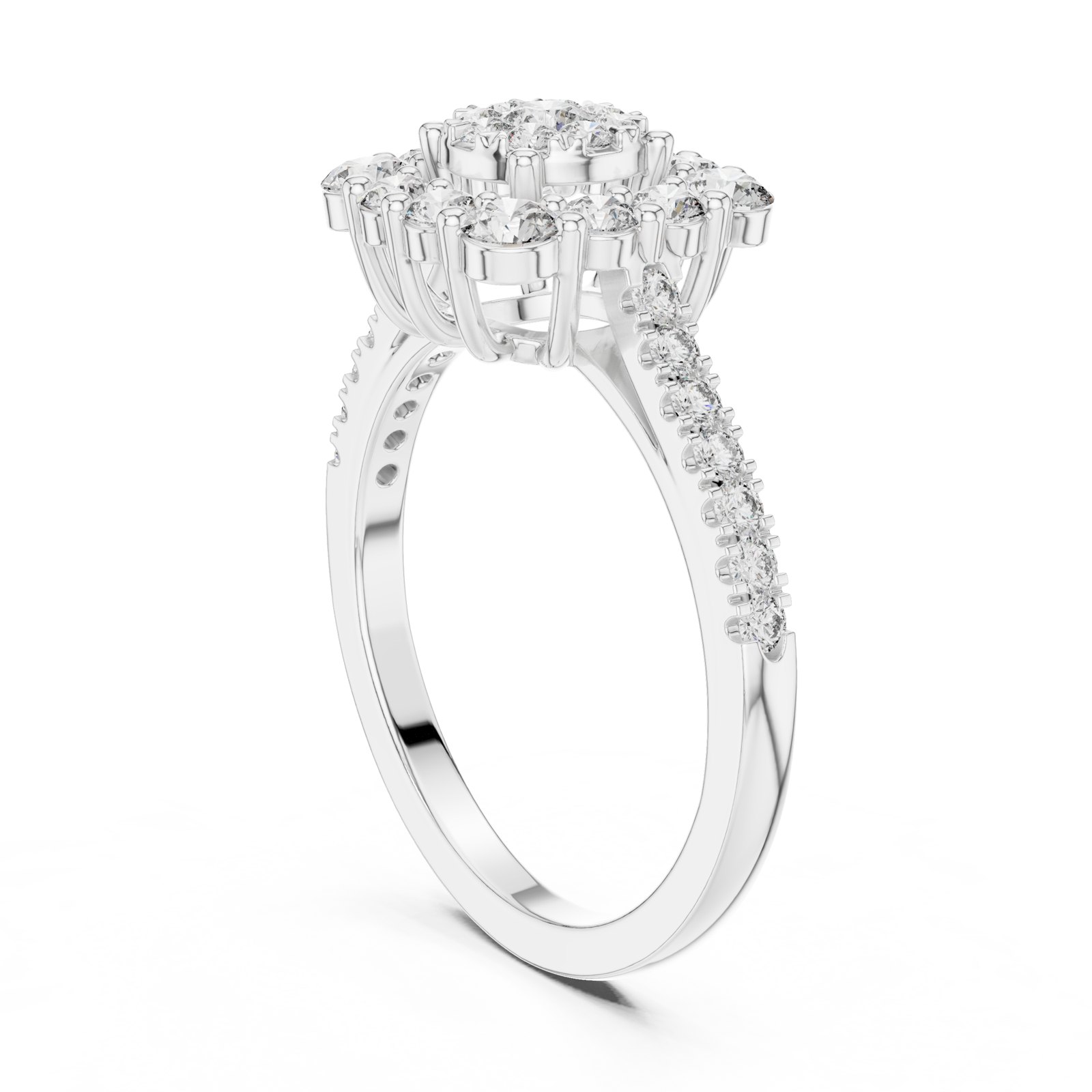 Elva Round Flower Cluster Engagement Ring with Pavé Shoulders in white gold