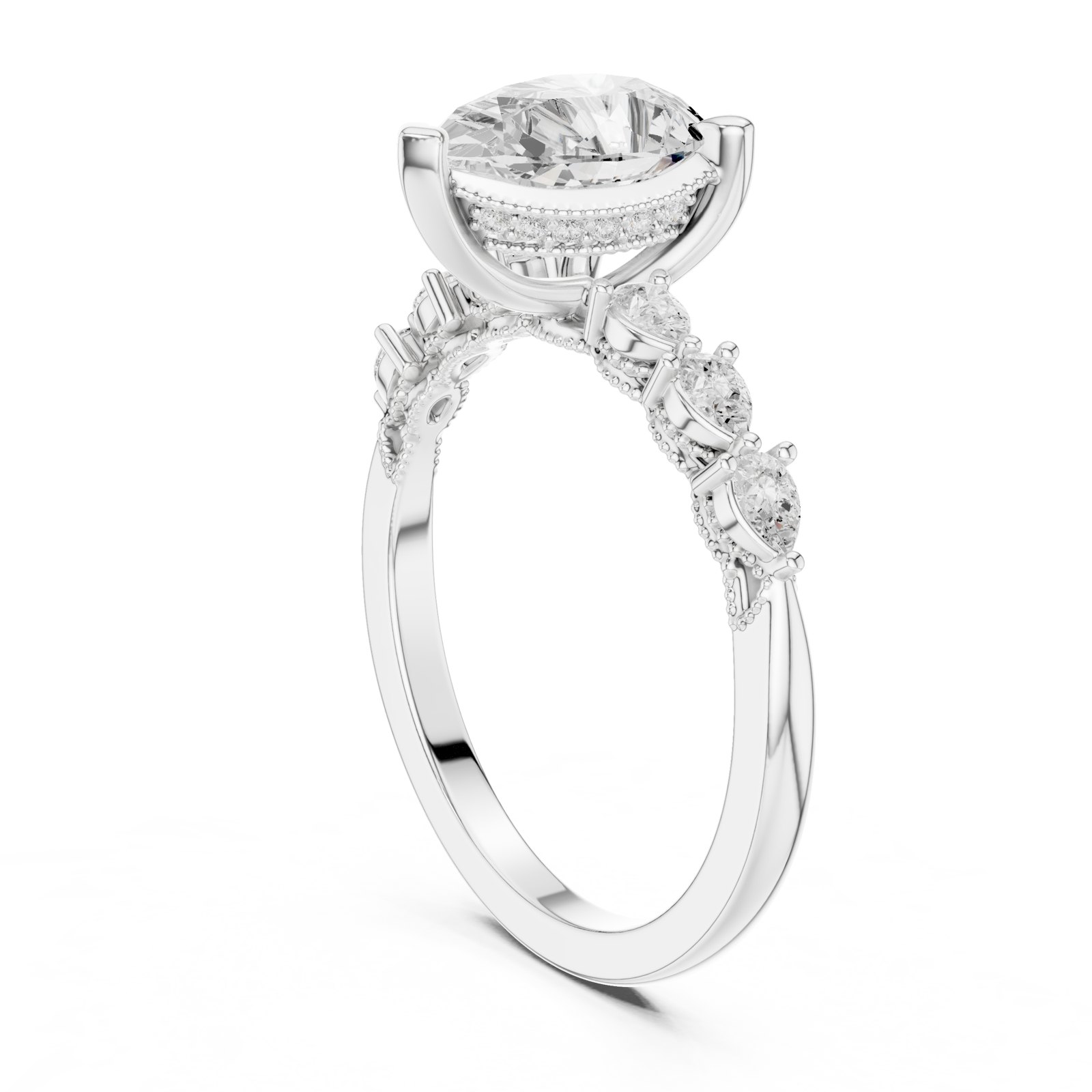 Vendela Pear Hidden Halo Engagement Ring with Milgrain Detail in white gold