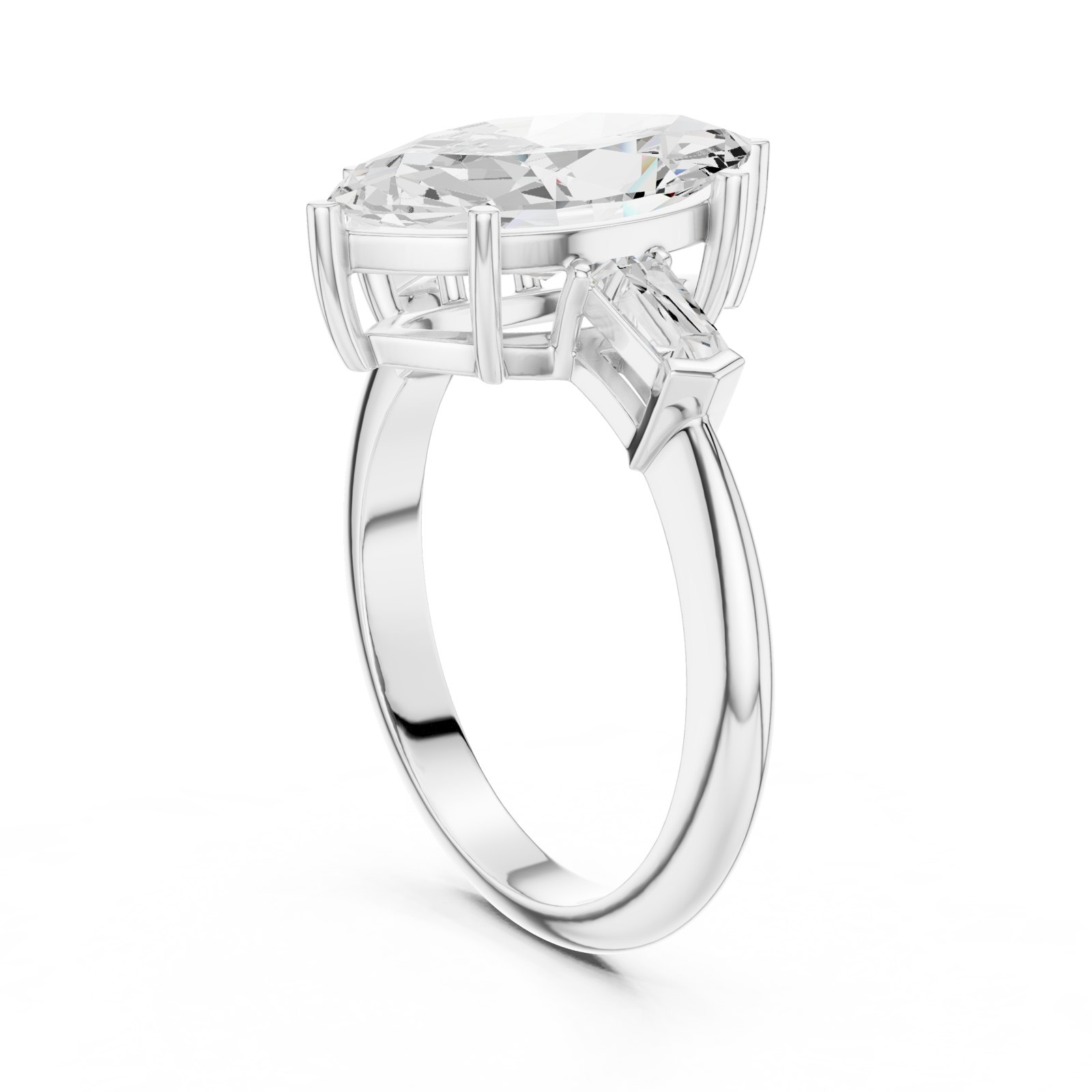 Savannah Marquise Three Stone Engagement Ring with Baguettes in white gold