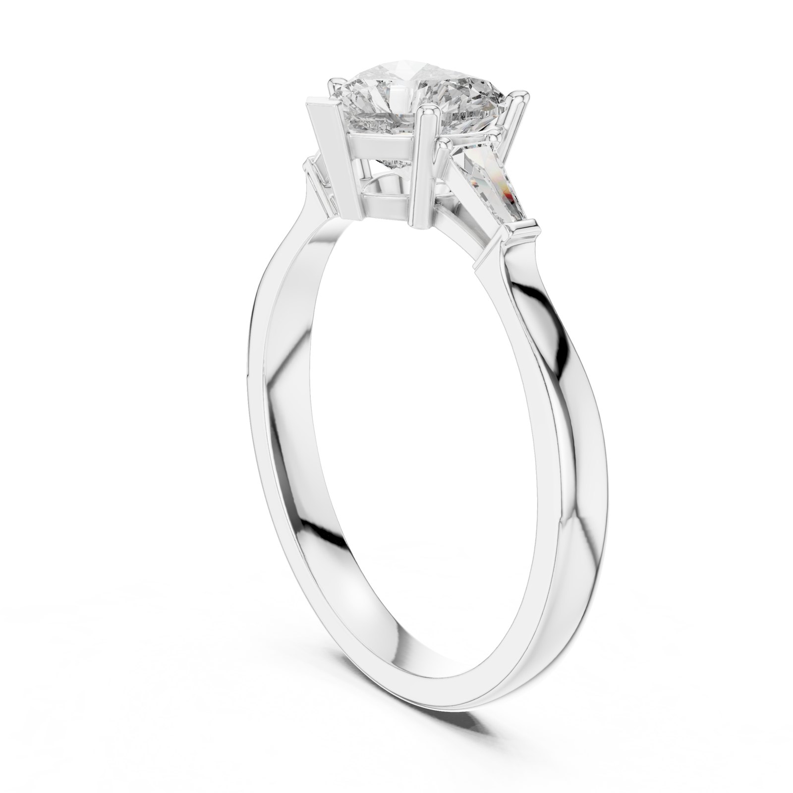 Freda Heart Three Stone Engagement Ring with Tapered Baguettes in white gold