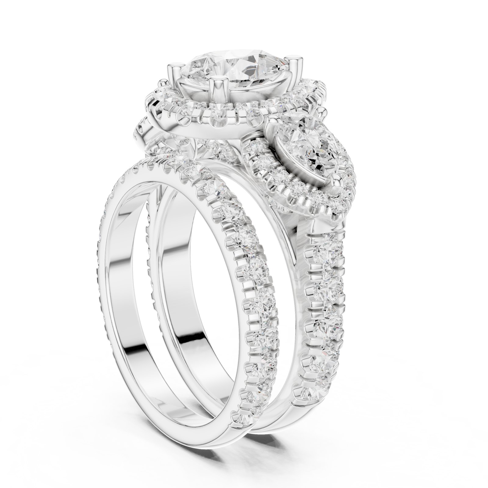 Heide Pear Halo Three Stone Engagement Ring with Matching Band in white gold