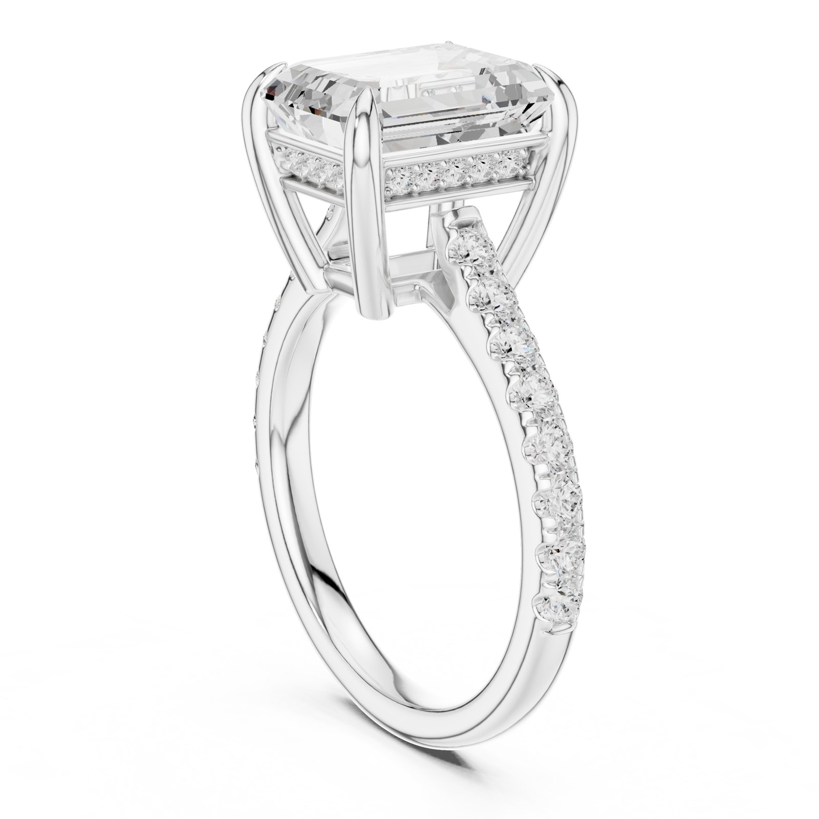 Francesca Emerald Cut Hidden Halo Pavé Engagement Ring in white gold