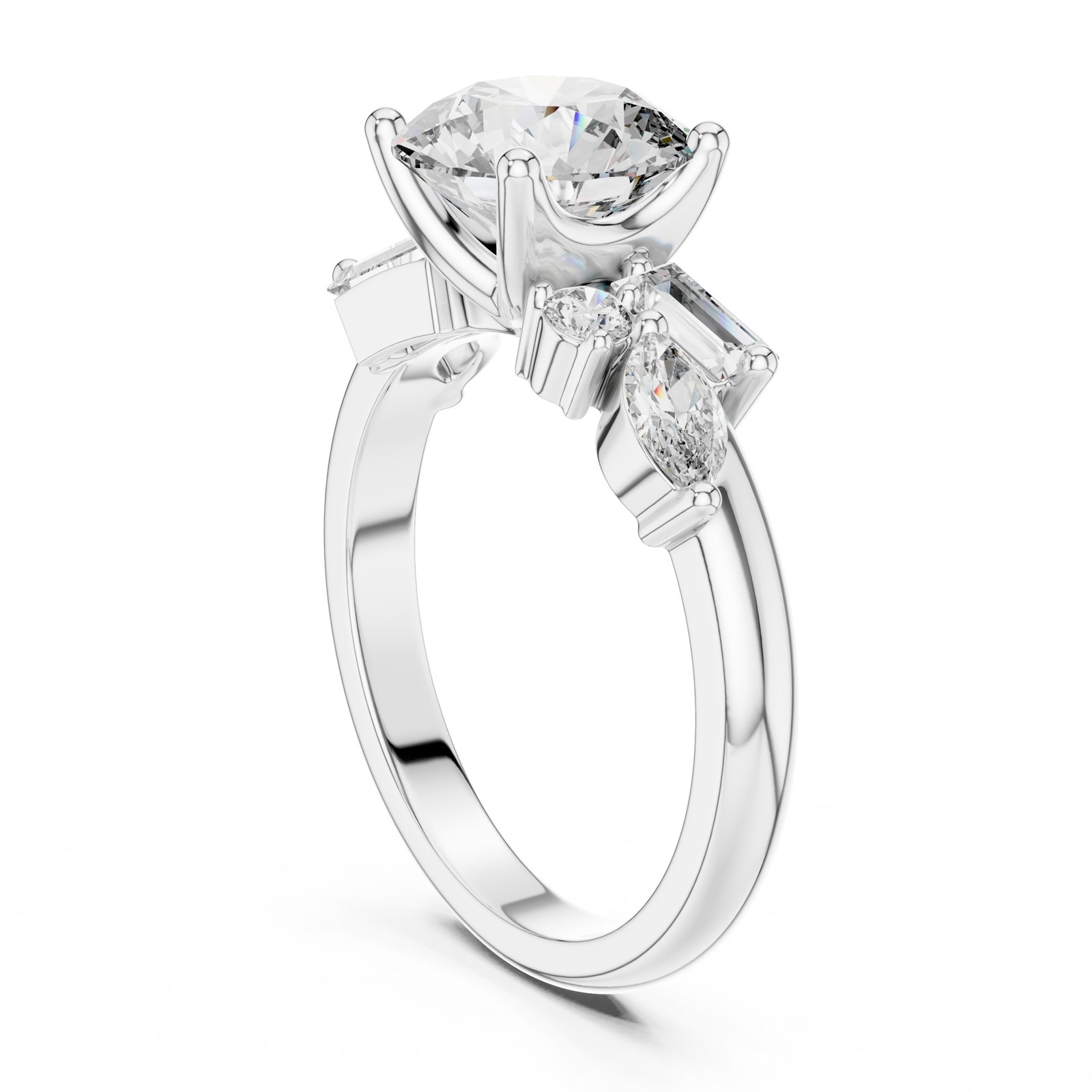 Albina Round Engagement Ring with Baguette and Marquise Accents in white gold