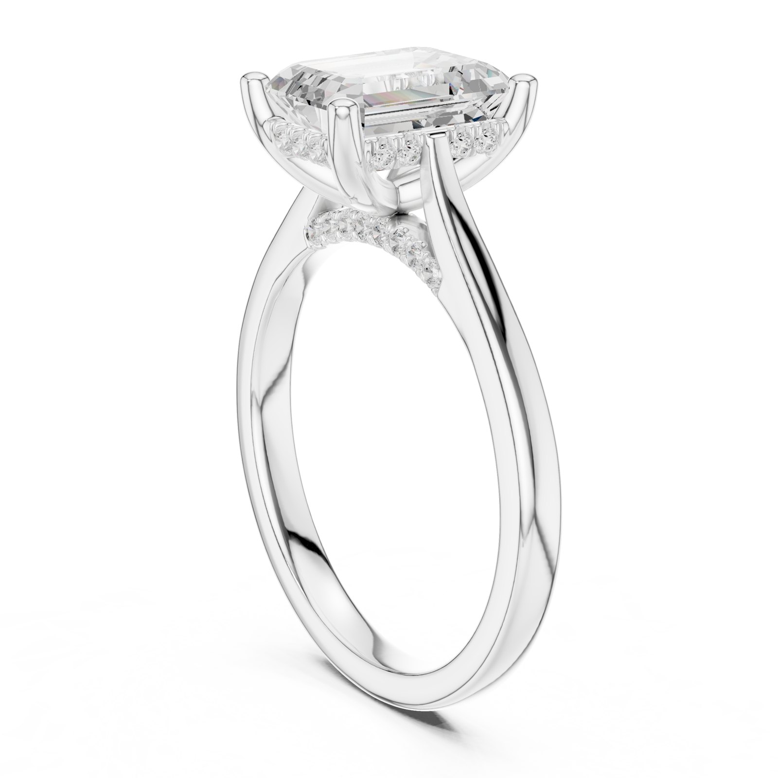 Etta Emerald Cut Cathedral Hidden Halo Engagement Ring in white gold