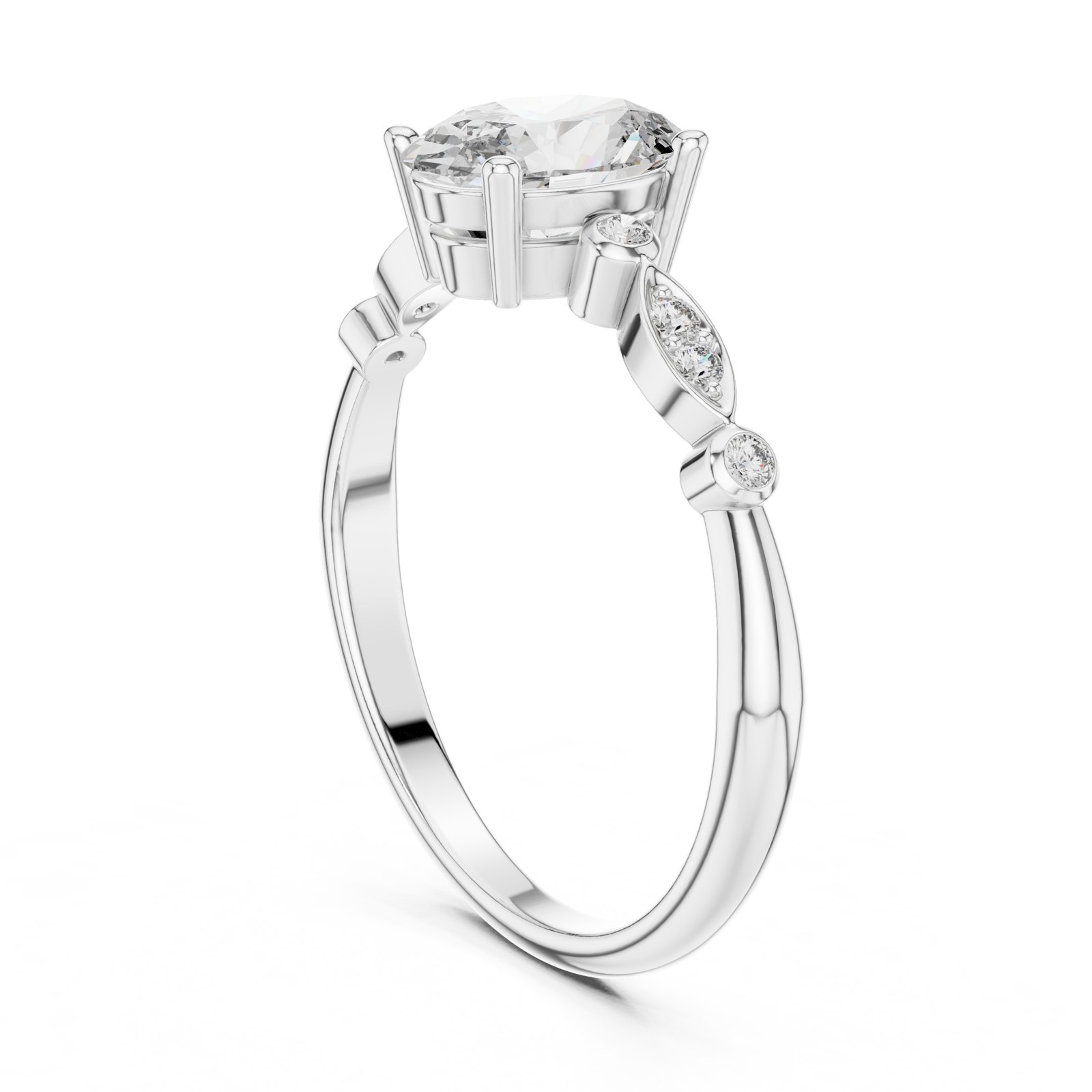 Thekla Oval Vintage Style Engagement Ring with Leaf Accents in white gold