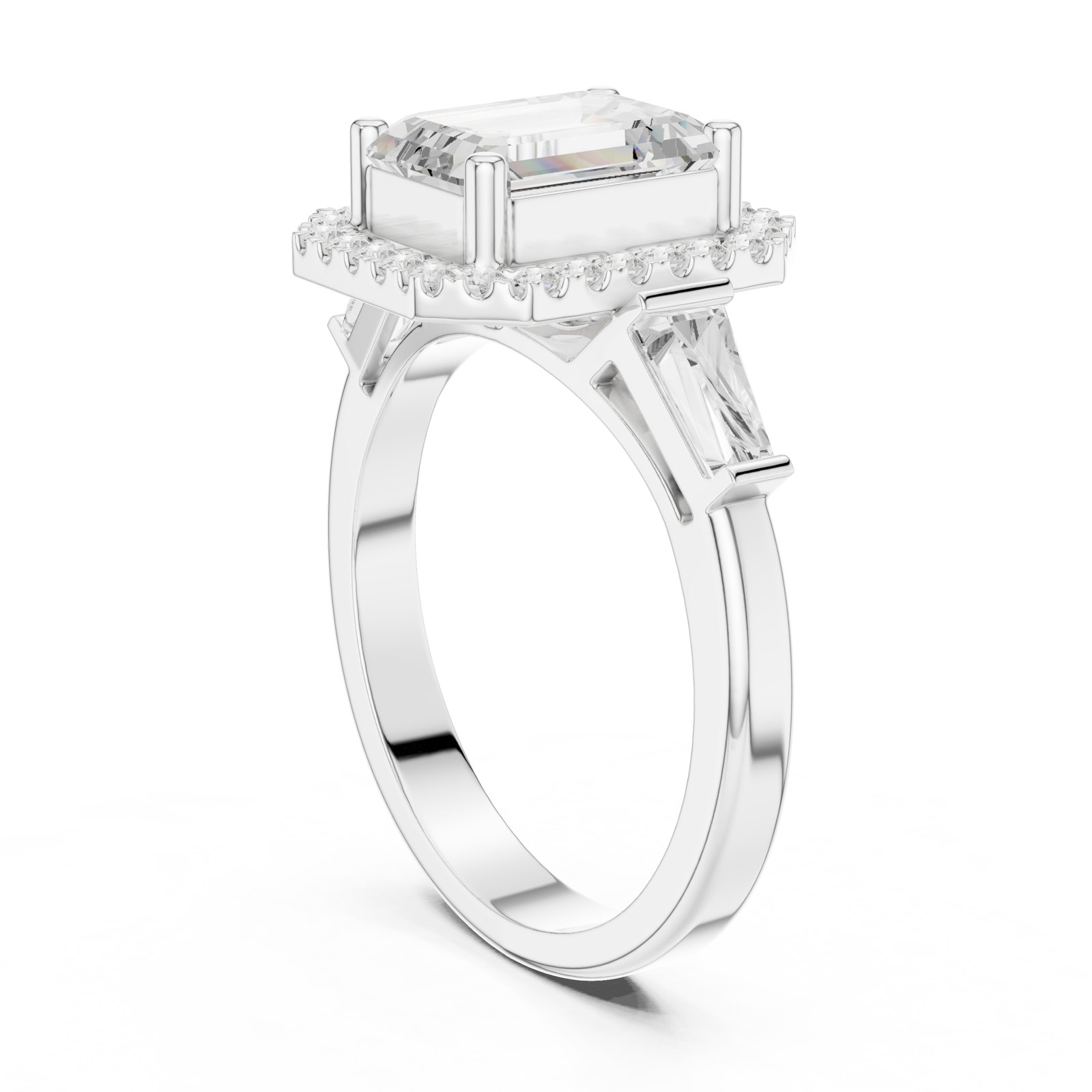 Arabella Emerald Cut Halo Engagement Ring, Baguette Side Stones in white gold