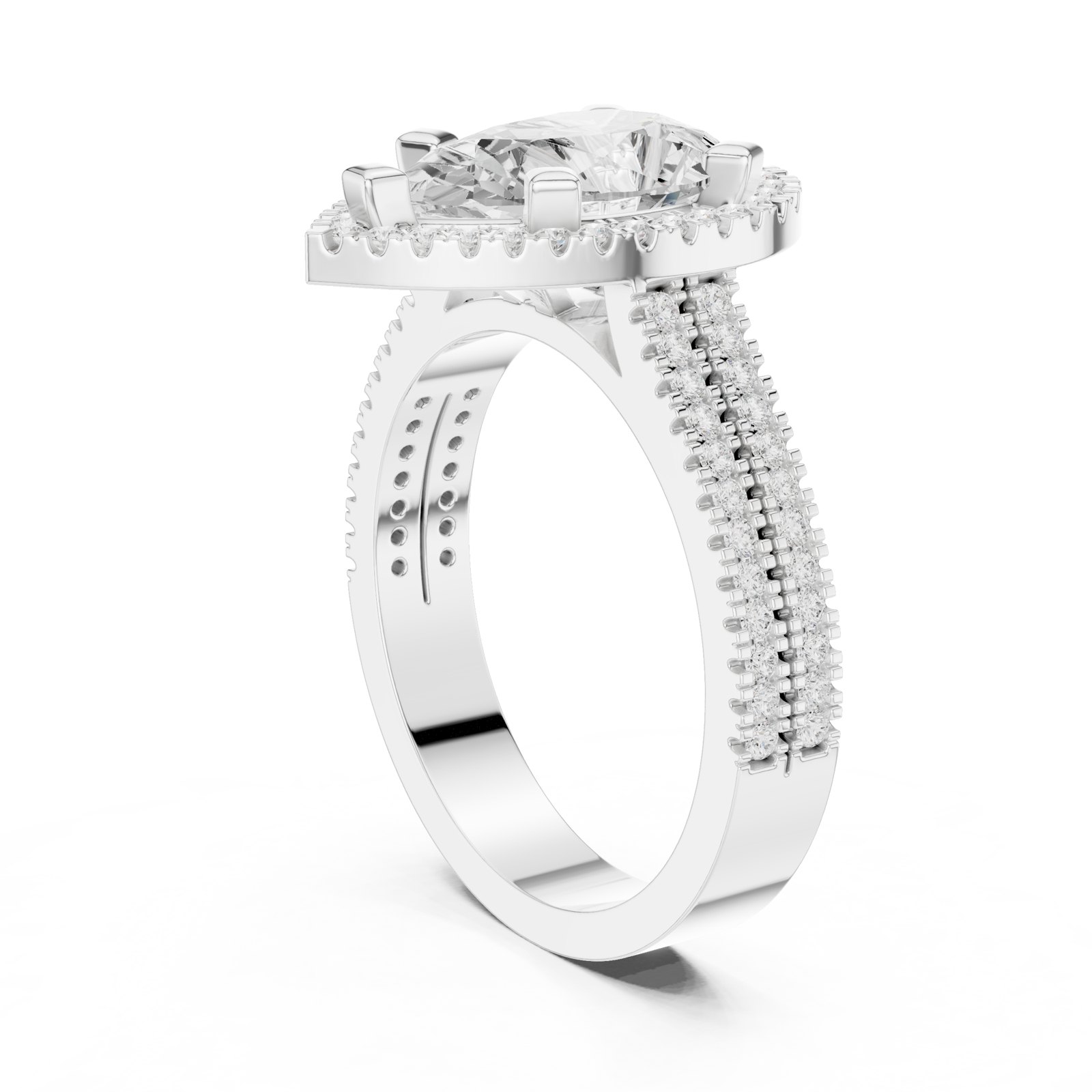 Freia Pear Halo Engagement Ring with Wide Double Pavé Band in white gold