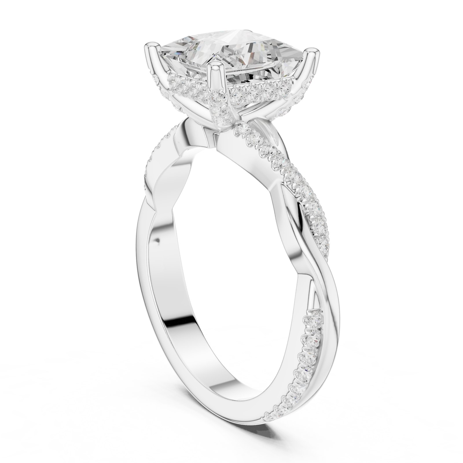 Eliana Princess Twist Hidden Halo Engagement Ring in white gold