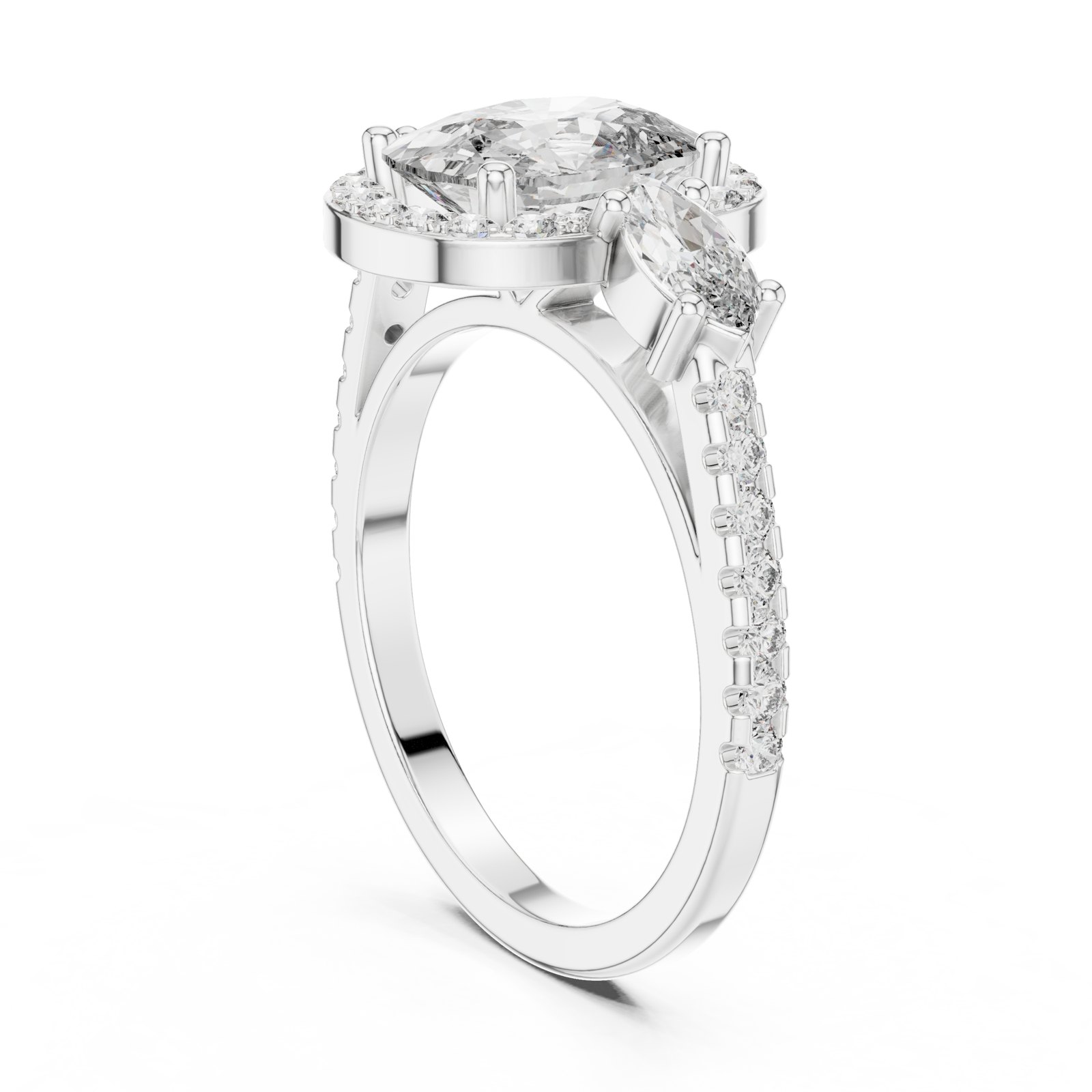 Lily Cushion Halo Engagement Ring with Marquise Side Stones in white gold