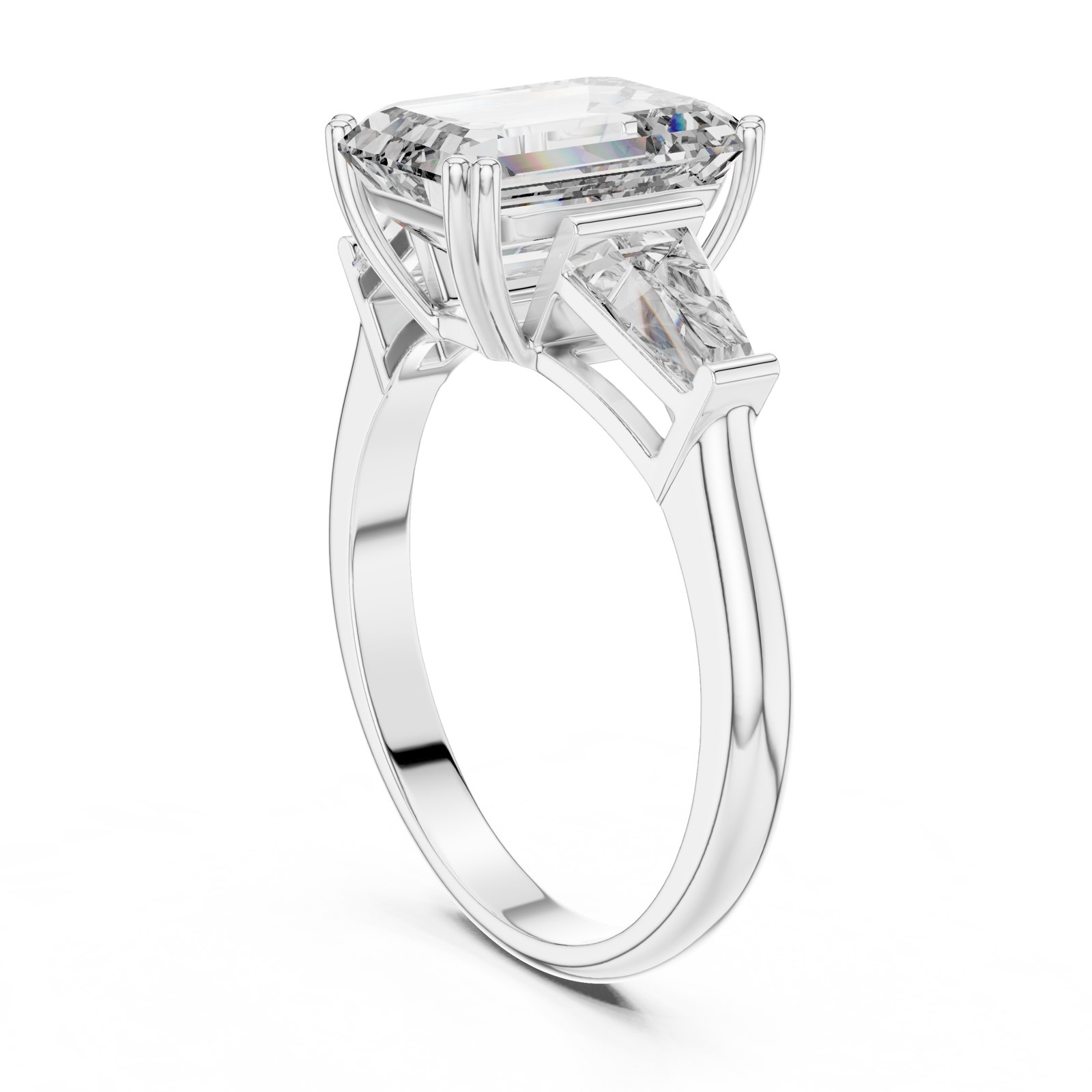 Martina Emerald Cut Three Stone Ring with Tapered Baguettes in white gold