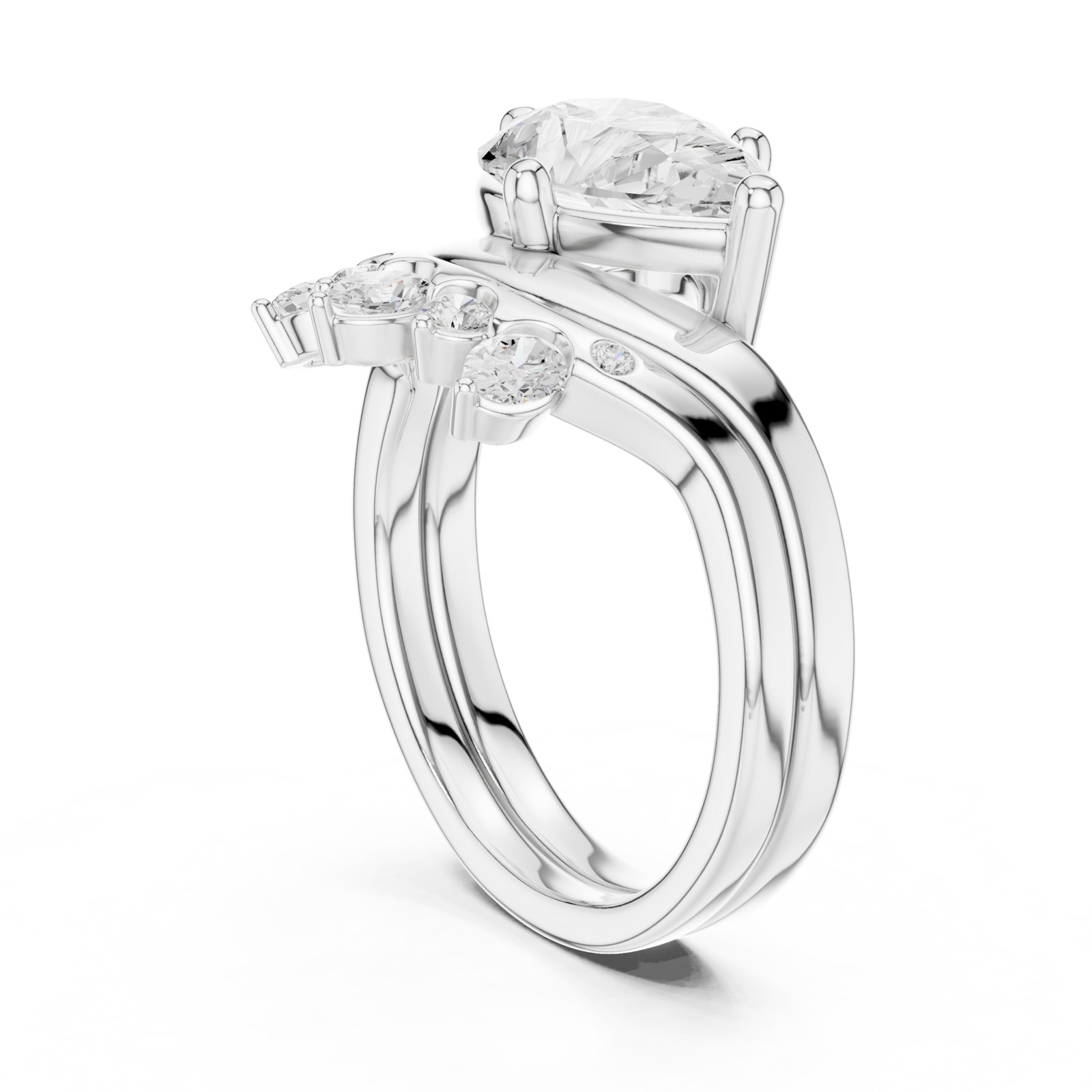 Lilibet Pear Bypass Engagement Ring with Cluster Shoulder in white gold