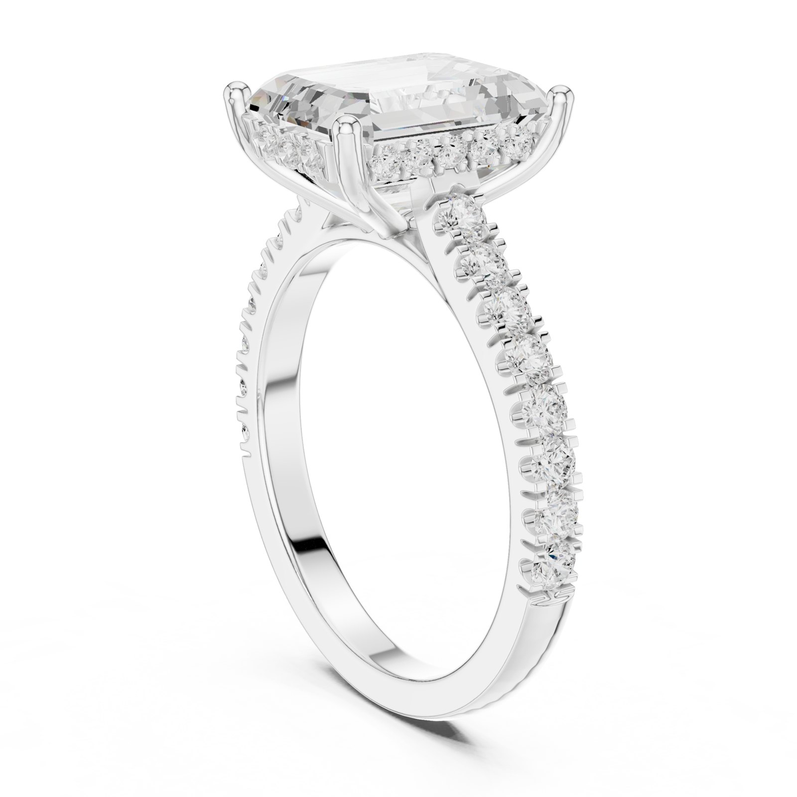 Dahlia Emerald Cut Hidden Halo Engagement Ring with Pavé Band in white gold