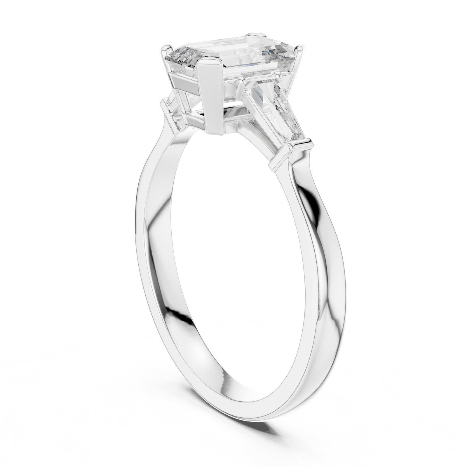 Molly Emerald Cut Three Stone Ring with Tapered Baguettes in white gold