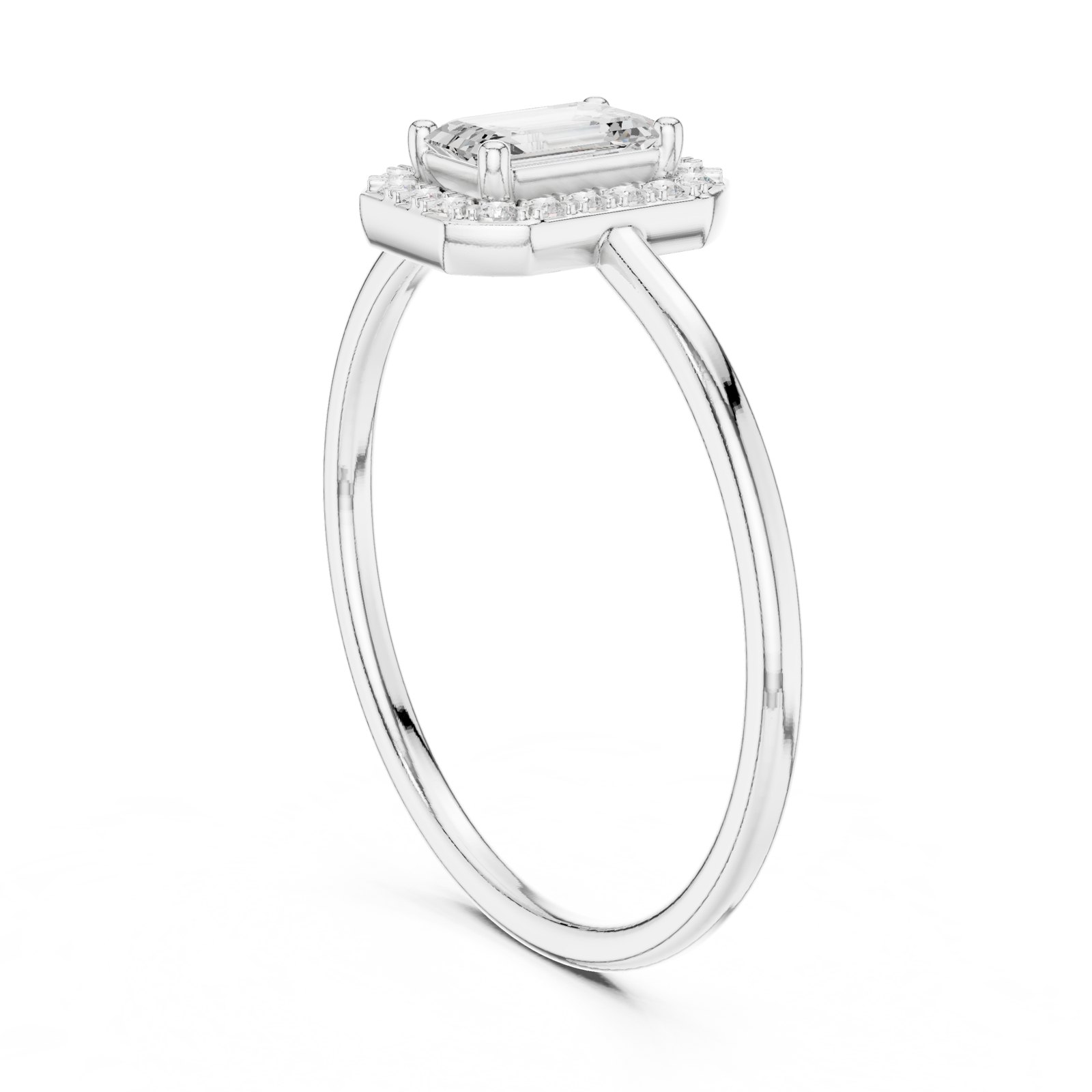Antonia Emerald Cut Halo Engagement Ring with Fine Band in white gold