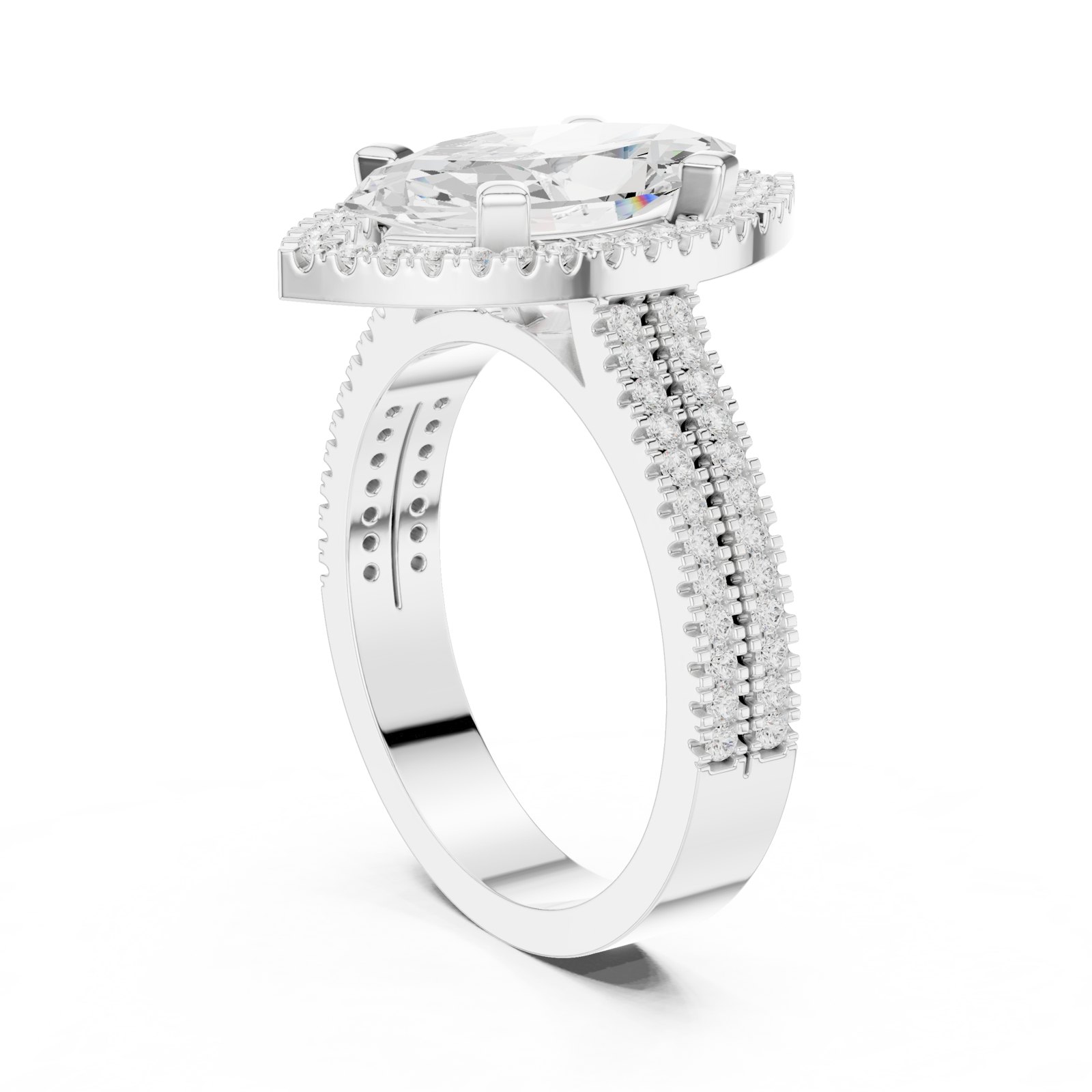Franca Marquise Halo Engagement Ring with Wide Double Pavé Band in white gold