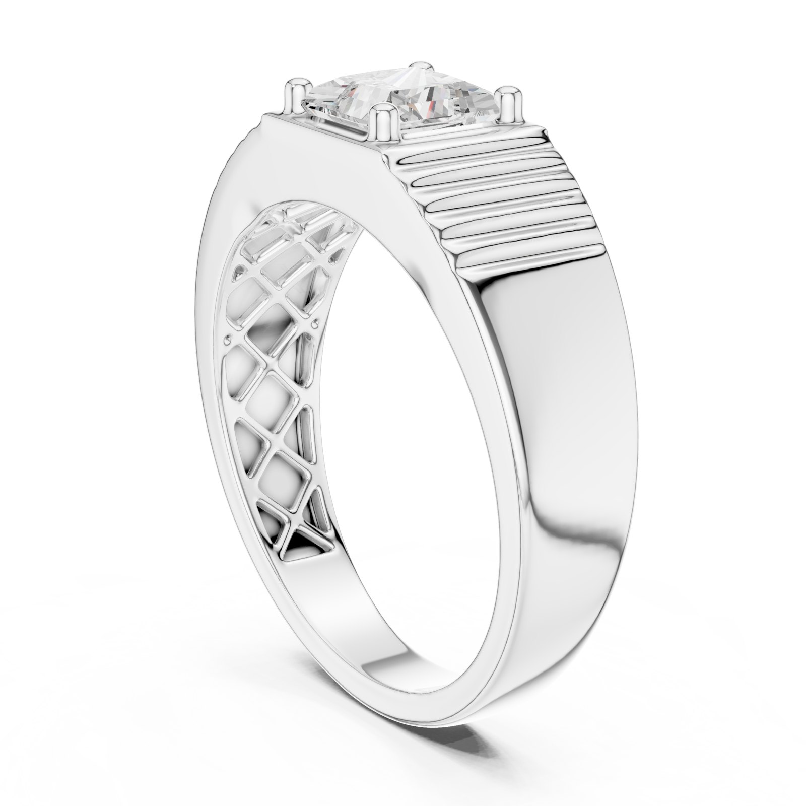 Elliot Men's Princess Solitaire Ring with Ribbed Band in white gold