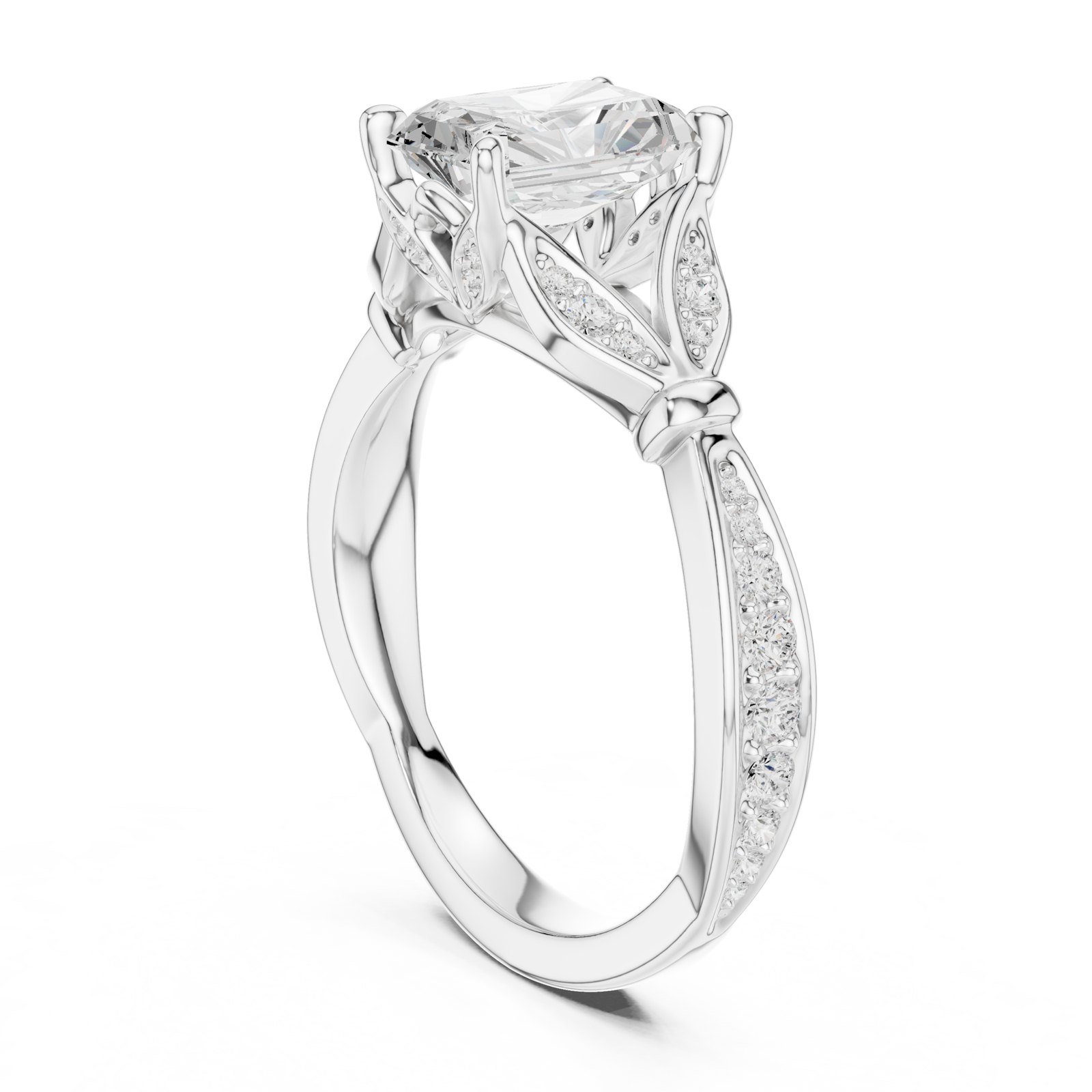 Vanesa Radiant Cut Leaf Detail Twisted Engagement Ring in white gold