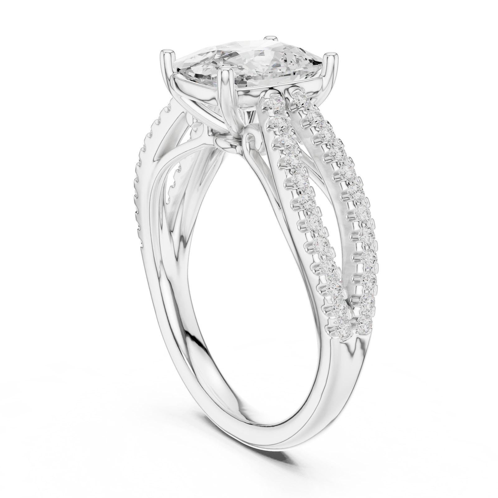Marie Cushion Cut Split Shank Pavé Engagement Ring in white gold