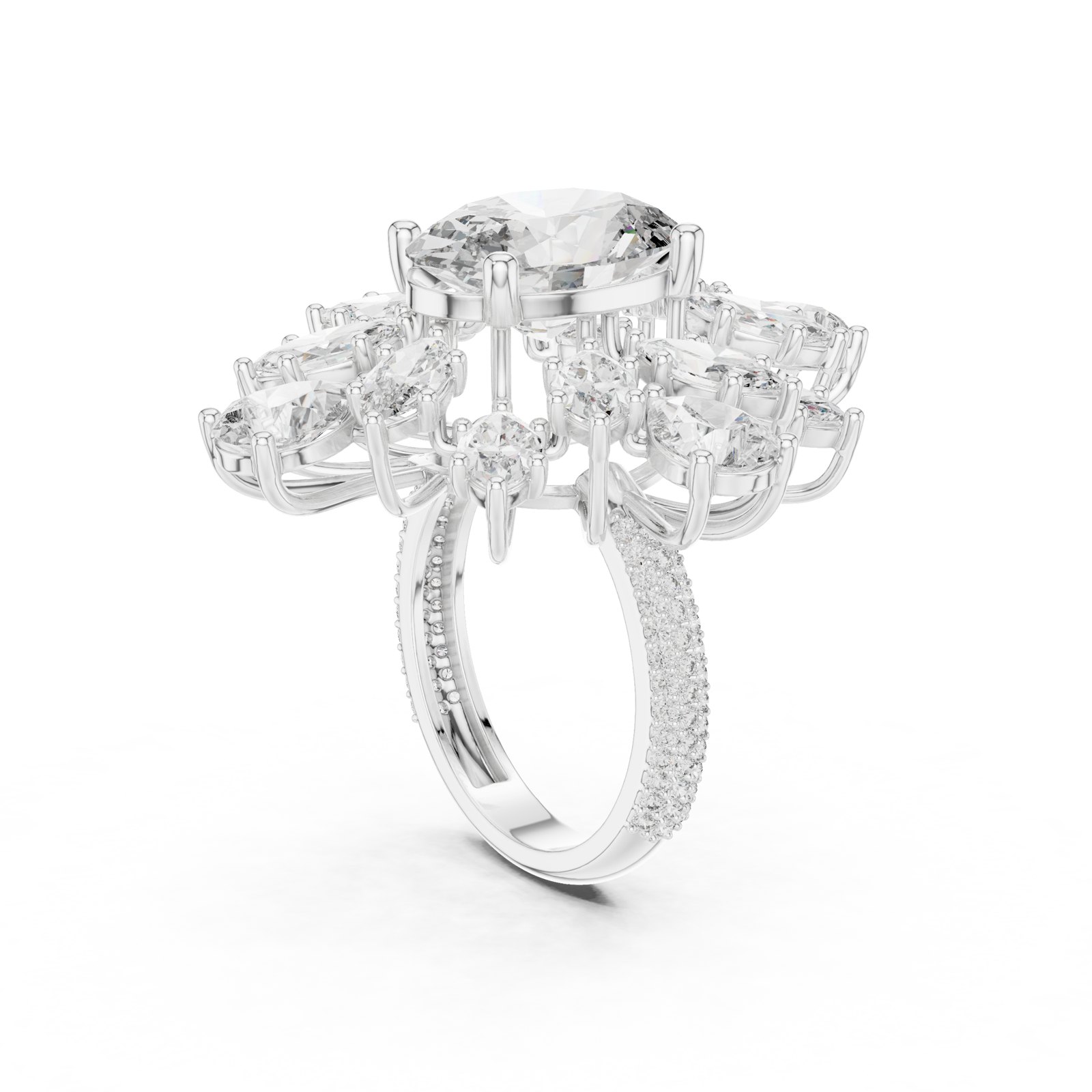 Bertille Oval Starburst Halo Cocktail Ring with Pavé Band in white gold