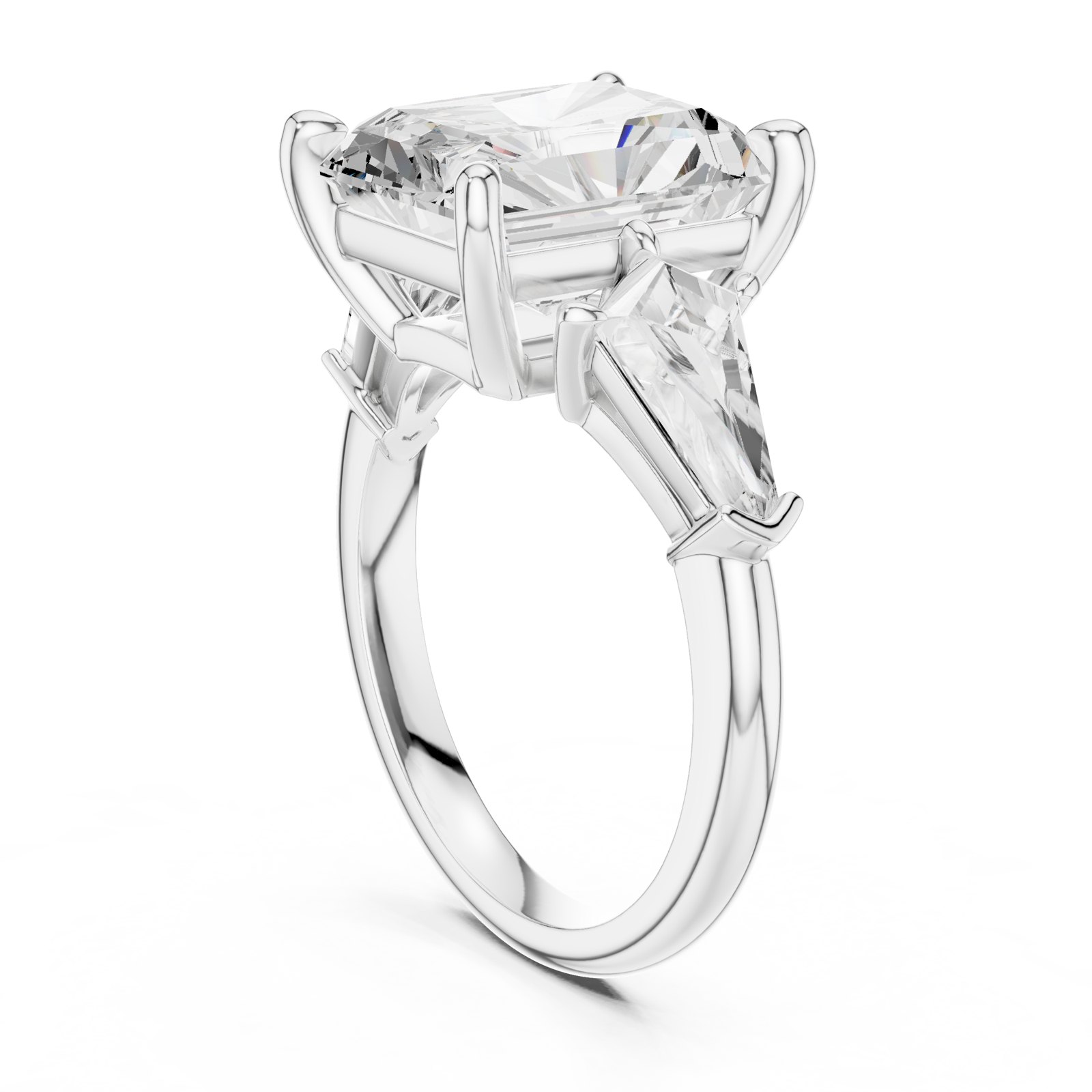 Octavia Radiant Cut Three Stone Engagement Ring with Shield Sides in white gold