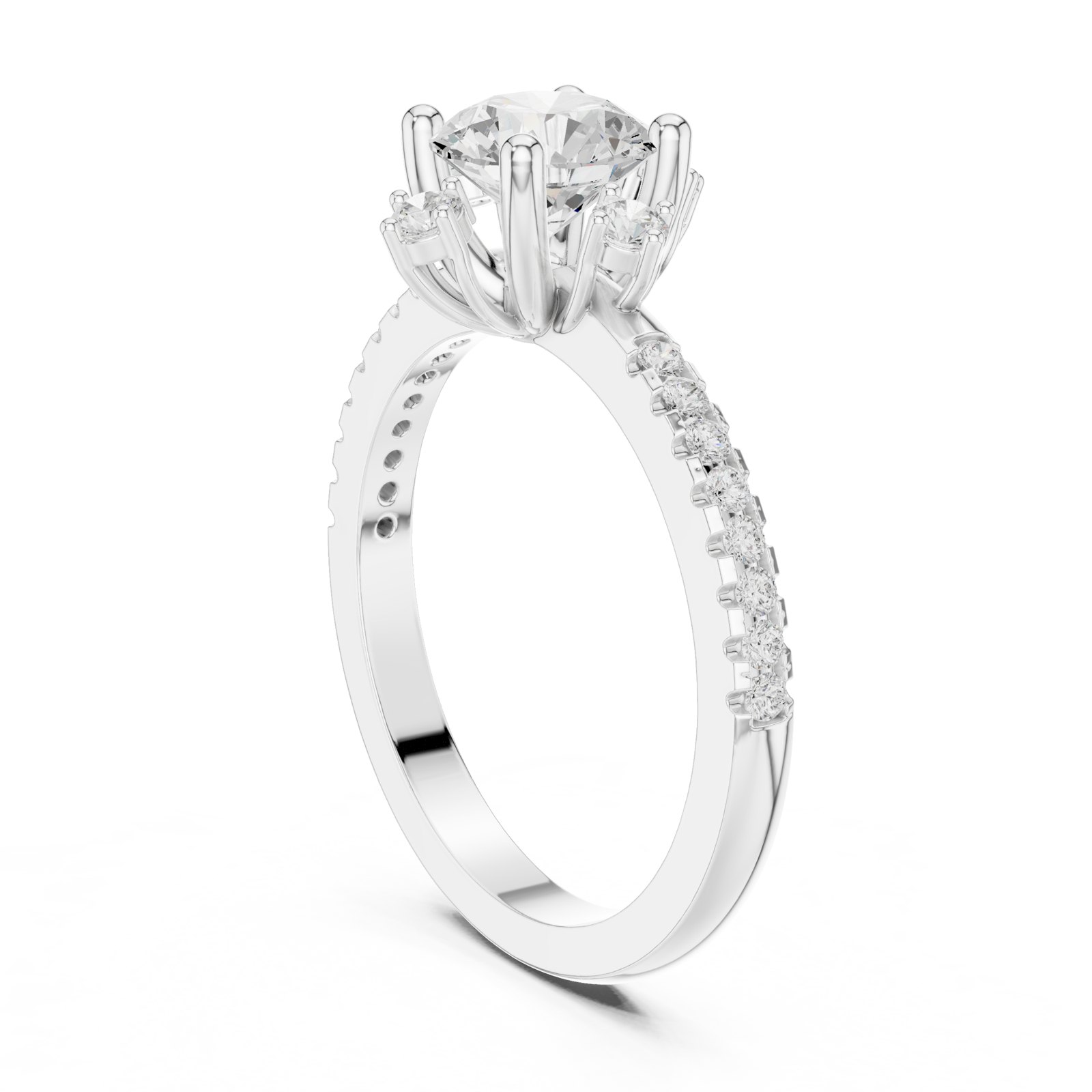 Gentian Round Pavé Solitaire Engagement Ring with Prong Accents in white gold