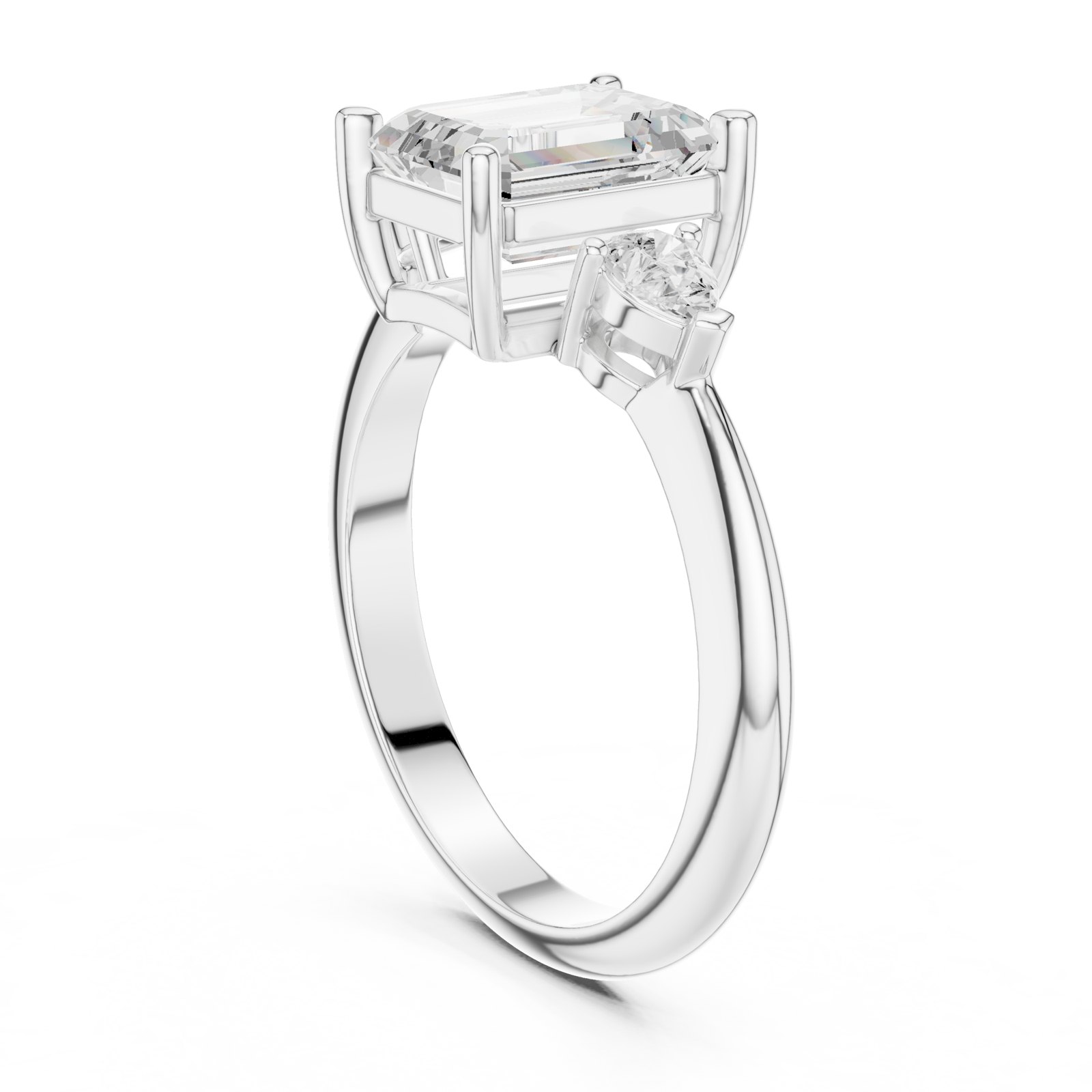 Sasha Emerald Cut Three Stone Engagement Ring with Pear Sides in white gold