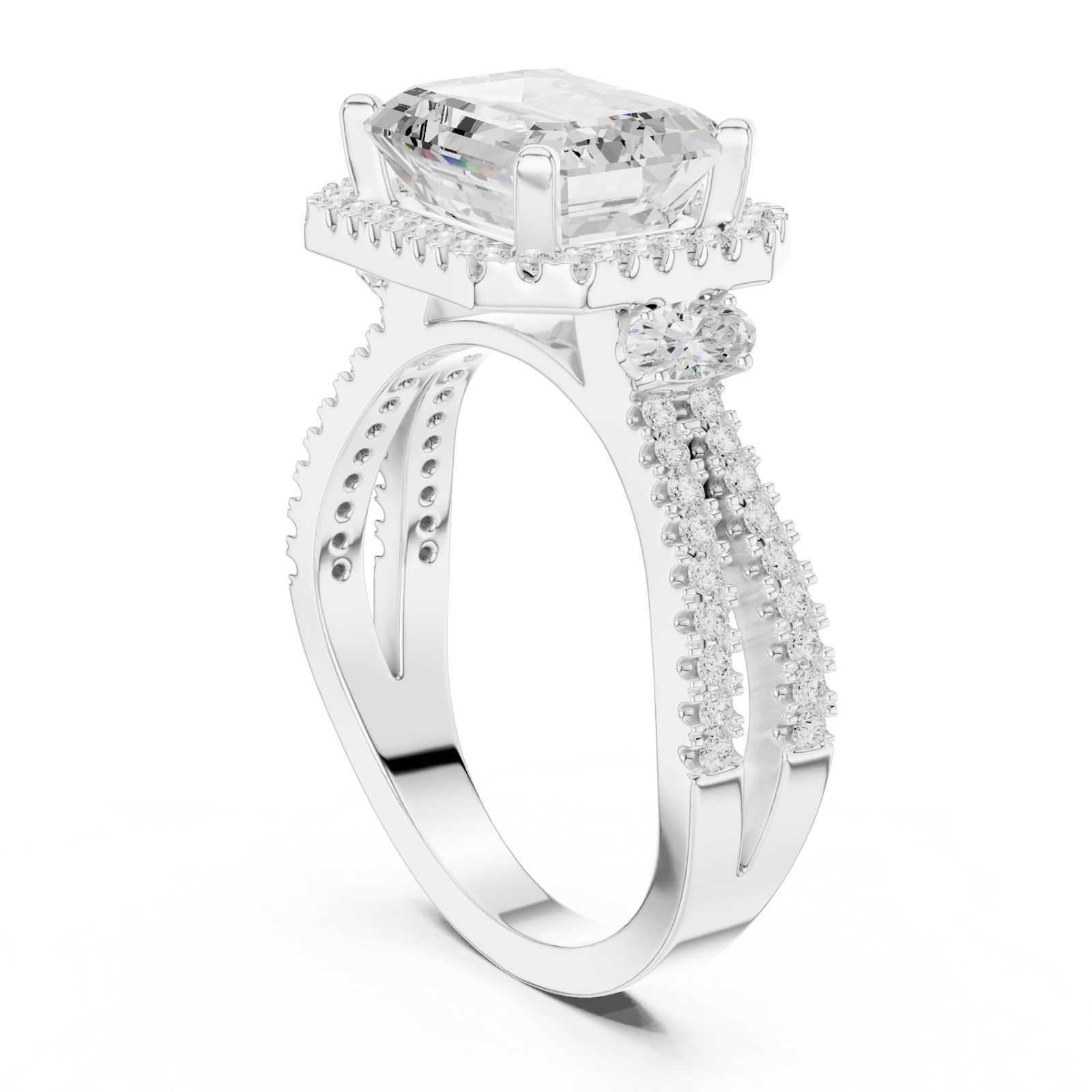 Lorna Emerald Cut Halo Engagement Ring with Split Shank in white gold